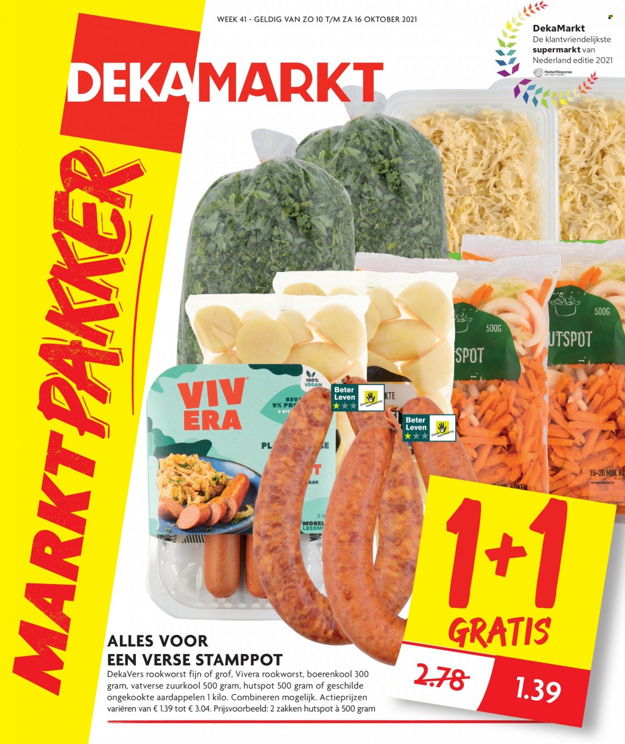 thumbnail - DekaMarkt-aanbieding - 10-10-2021 - 16-10-2021 -  producten in de aanbieding - aardappelen, boerenkool, rookworst, zuurkool. Pagina 1.