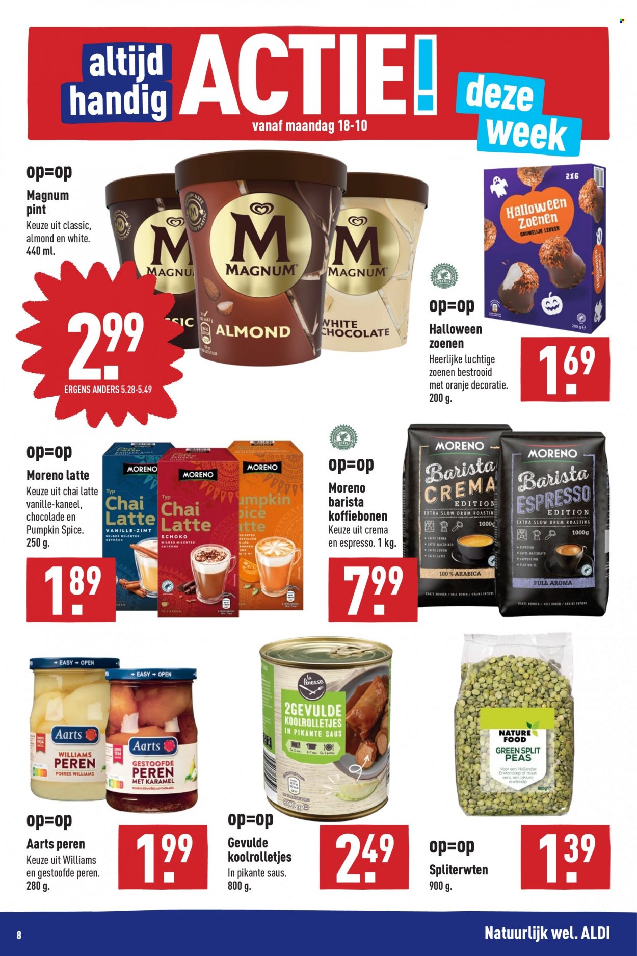 thumbnail - Aldi-aanbieding - 18-10-2021 - 24-10-2021 -  producten in de aanbieding - spliterwten, oranje, hollandse erwtensoep, Magnum, chocolade, kaneel, chai, Espresso. Pagina 8.