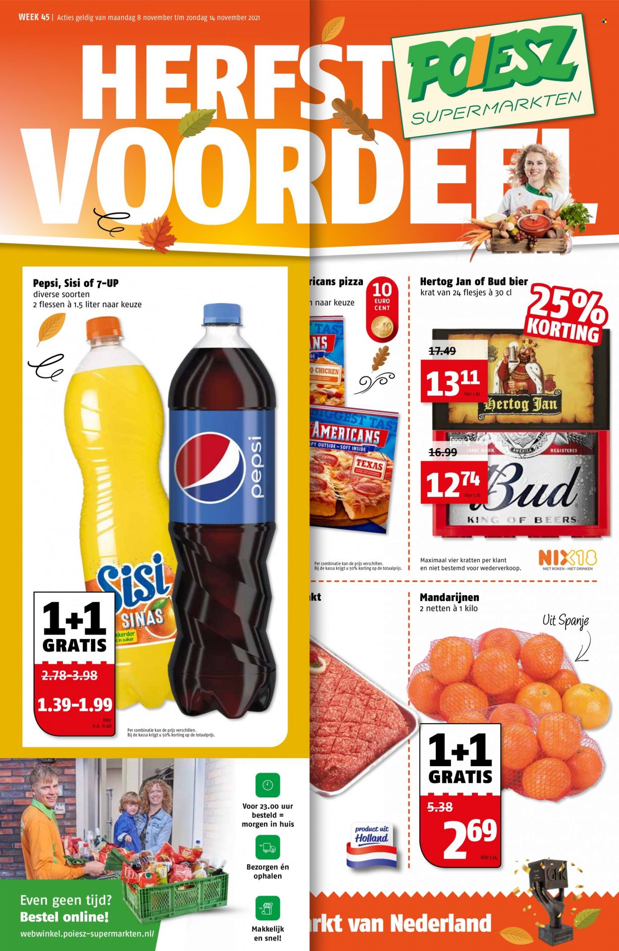thumbnail - Poiesz-aanbieding - 8-11-2021 - 14-11-2021 -  producten in de aanbieding - Hertog Jan, bier, Dr. Oetker, pizza, volle yoghurt, yoghurt, Pepsi. Pagina 1.