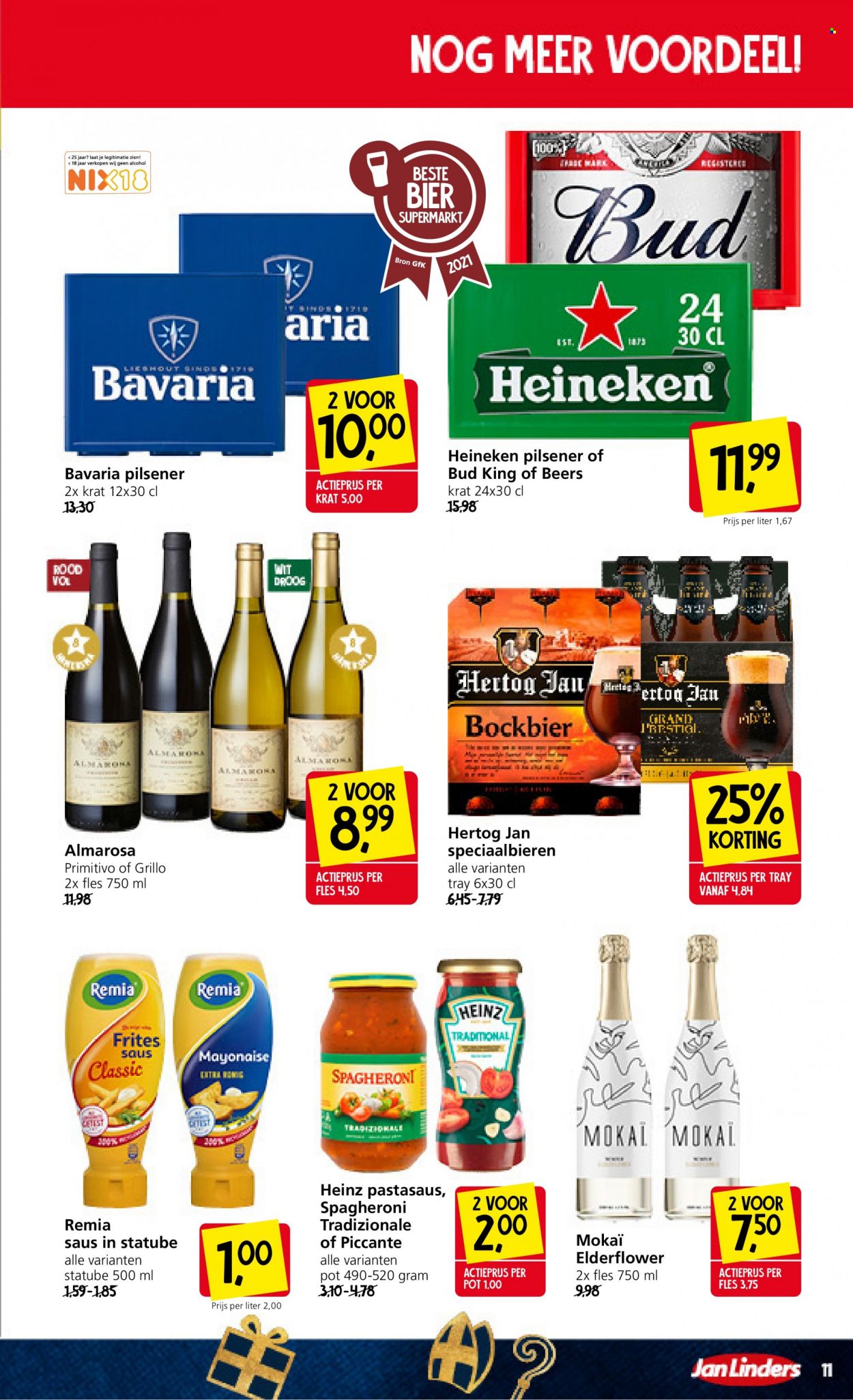 thumbnail - Jan Linders-aanbieding - 22-11-2021 - 28-11-2021 -  producten in de aanbieding - bockbier, pilsener, Heineken, Hertog Jan, Bavaria, bier, mayonaise, frites, Heinz. Pagina 11.