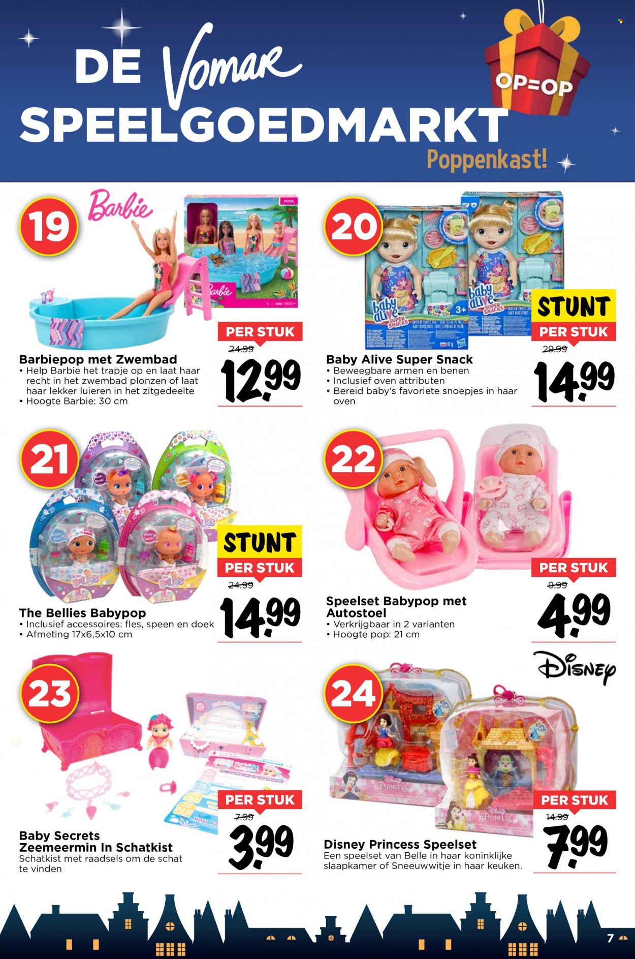 thumbnail - Vomar-aanbieding -  producten in de aanbieding - Disney, Baby Secrets, babypop, Barbie, zwembad. Pagina 7.