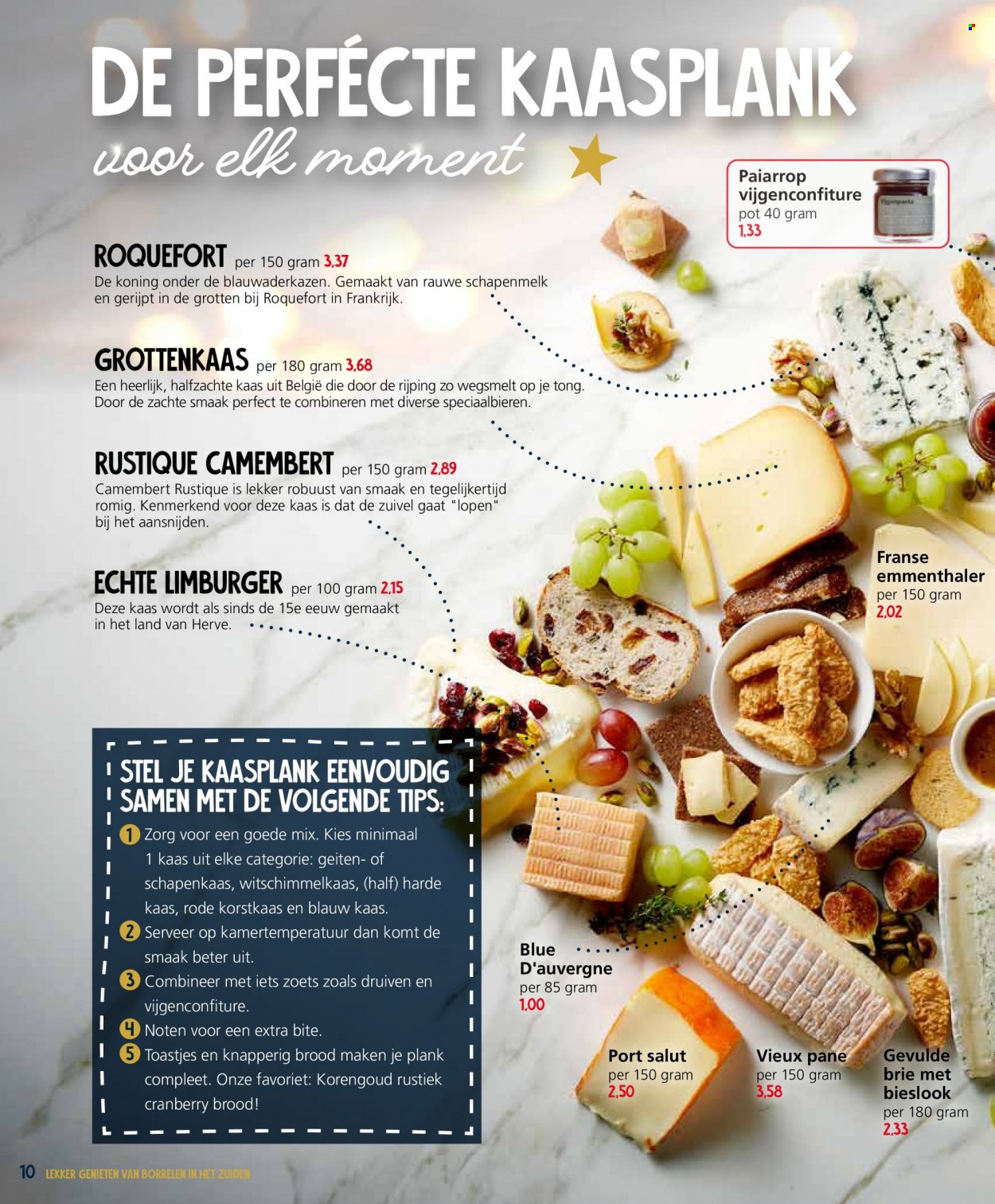 thumbnail - Jan Linders-aanbieding -  producten in de aanbieding - brood, druiven, Camembert, Herve, kaas, roquefort, Emmental, Brie, cranberry’s, Frankrijk. Pagina 10.