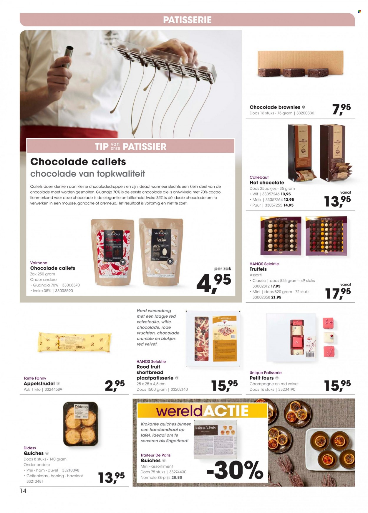 thumbnail - Hanos-aanbieding - 29-11-2021 - 12-12-2021 -  producten in de aanbieding - Duvel, bier, appelstrudel, petitfours, brownie, rode vruchten, ham, melk, chocolade, witte chocolade, champagne. Pagina 14.