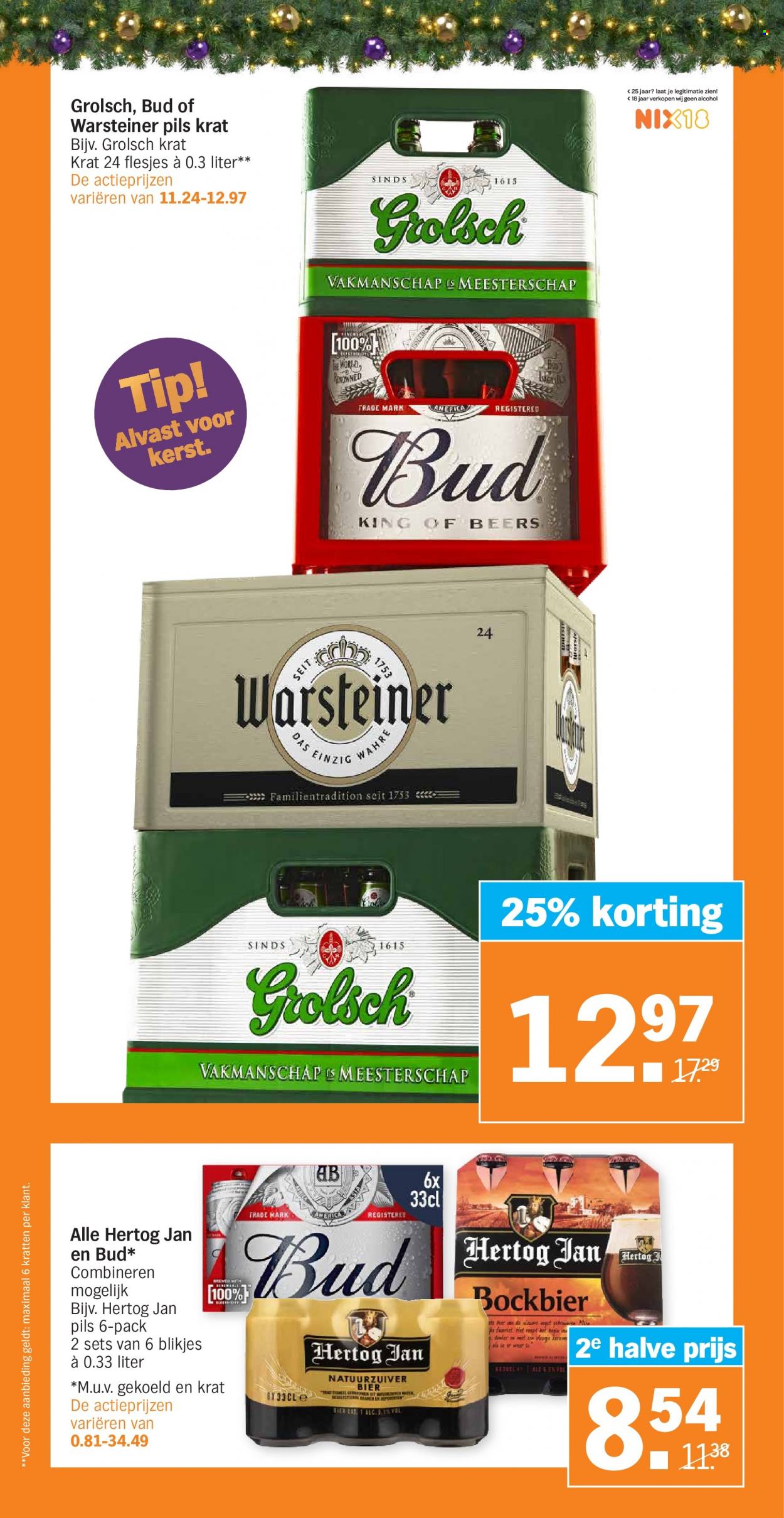 thumbnail - Albert Heijn-aanbieding - 6-12-2021 - 12-12-2021 -  producten in de aanbieding - bockbier, Warsteiner, Hertog Jan, Grolsch, bier. Pagina 26.