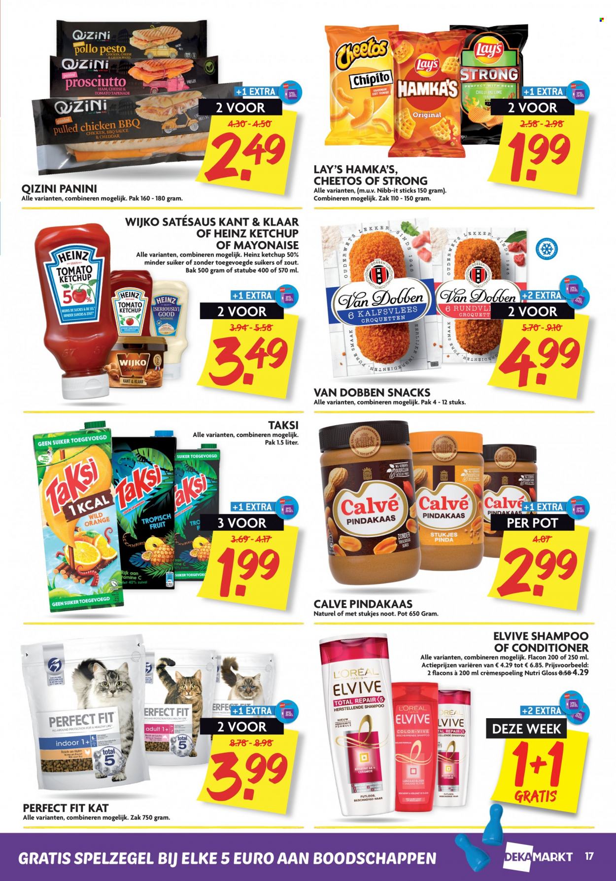 thumbnail - DekaMarkt-aanbieding - 5-12-2021 - 11-12-2021 -  producten in de aanbieding - mayonaise, cheetos, Heinz, Calvé, pindakaas, shampoo, Elvive, conditioner. Pagina 17.