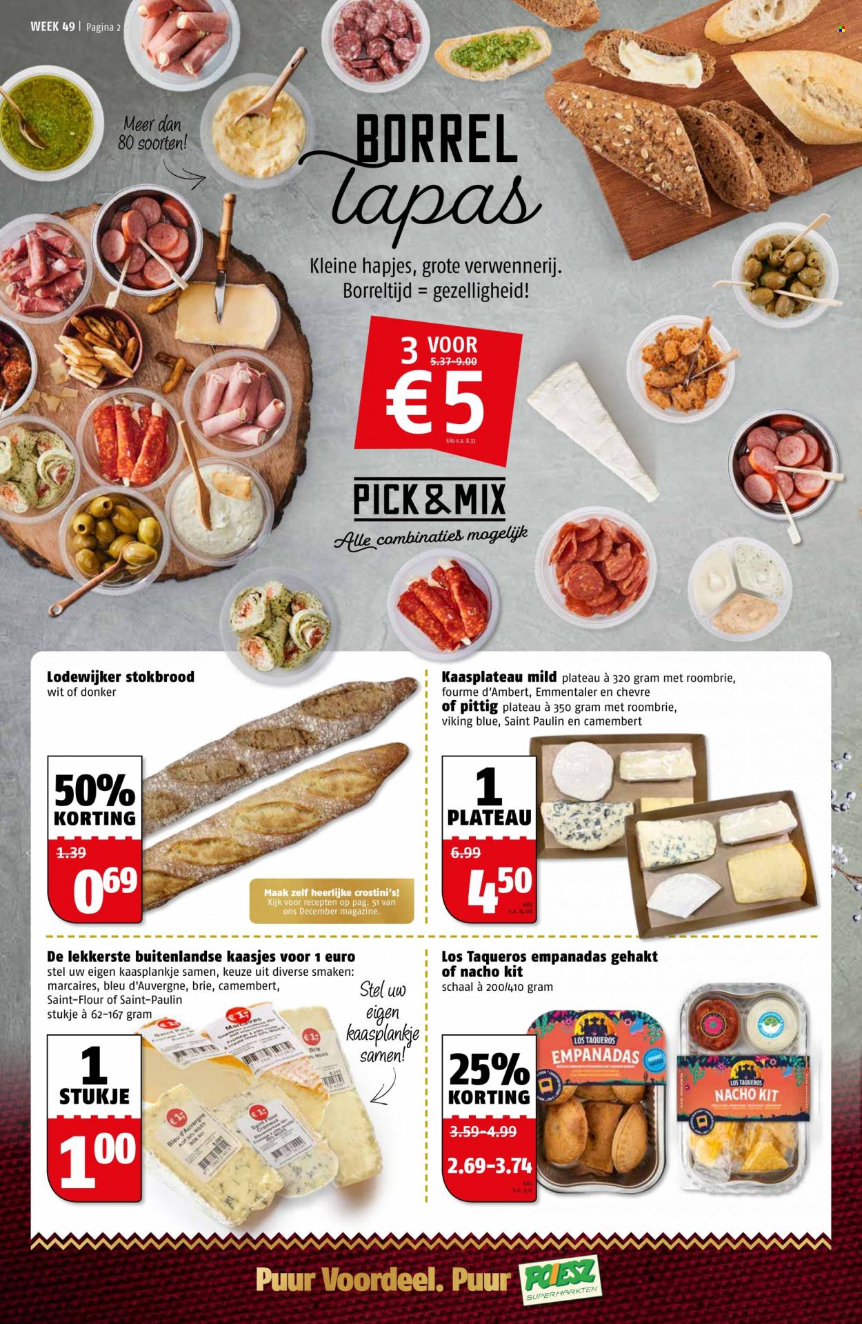 thumbnail - Poiesz-aanbieding - 6-12-2021 - 12-12-2021 -  producten in de aanbieding - stokbrood, tapas, Bleu d'Auvergne, Camembert, Chèvre, Fourme d'Ambert, Brie. Pagina 4.