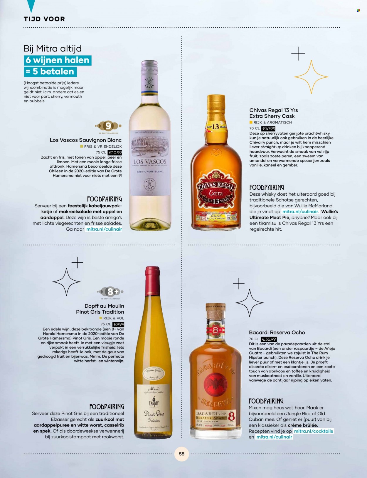 thumbnail - Mitra-aanbieding -  producten in de aanbieding - Amigo, Sauvignon Blanc, Pinot Griggio, wijn, Bacardi, rum, scotch whisky, whisky. Pagina 58.