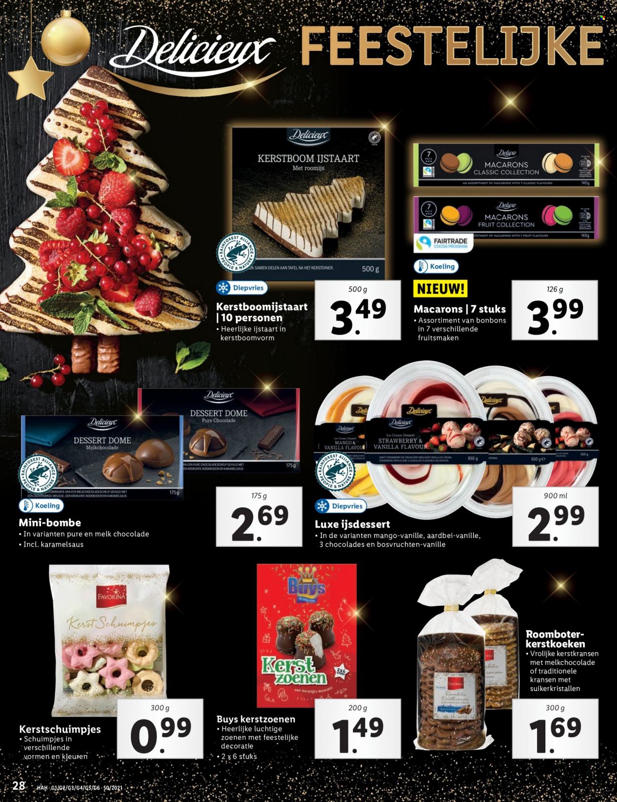 thumbnail - Lidl-aanbieding - 13-12-2021 - 19-12-2021 -  producten in de aanbieding - kerstschuimpjes, macarons, mango, melk, roomboter, ijsdessert, chocolade, melkchocolade, pure chocolade, kerstboom. Pagina 28.