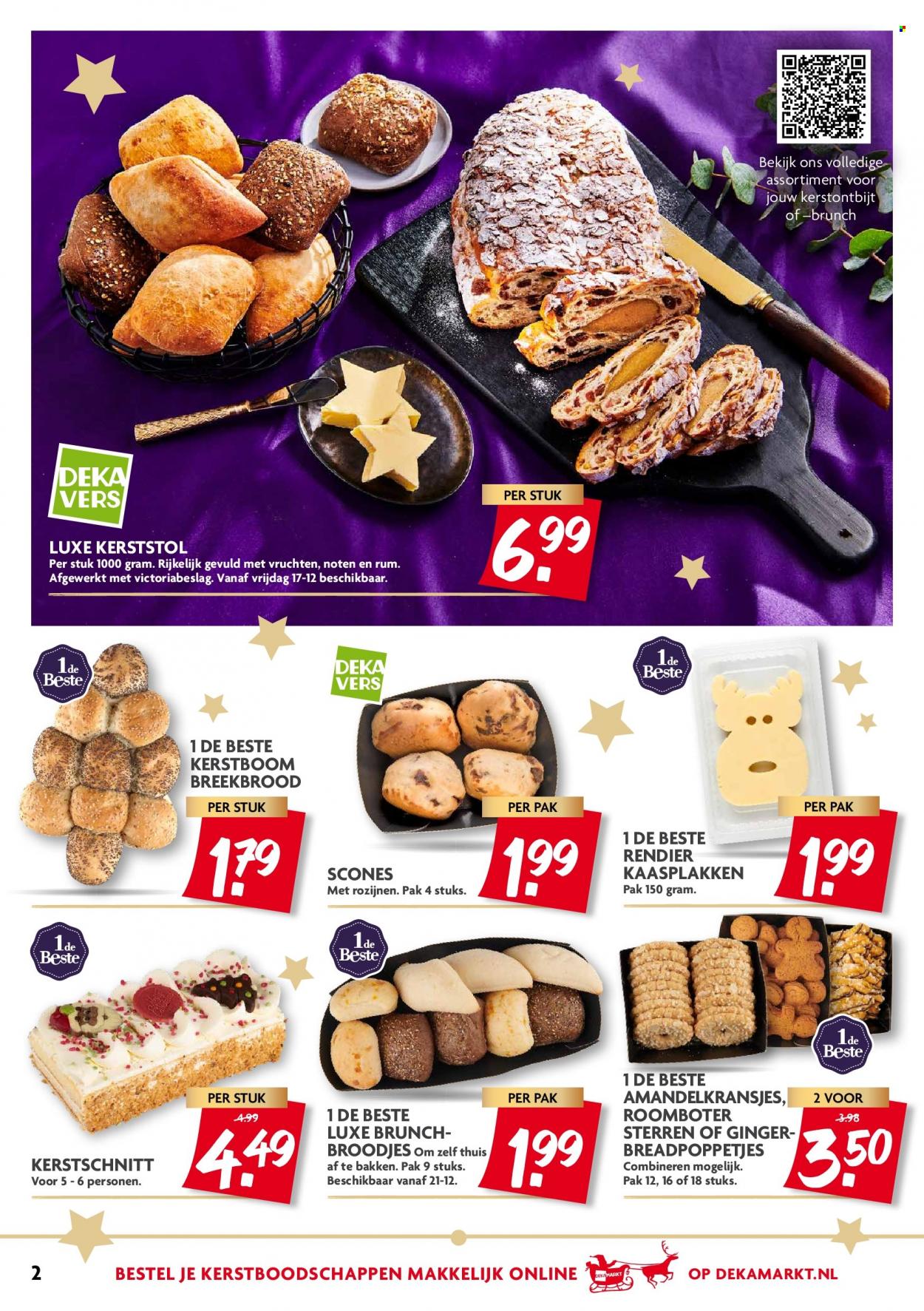 thumbnail - DekaMarkt-aanbieding - 12-12-2021 - 18-12-2021 -  producten in de aanbieding - breekbrood, broodje, scones, roomboter, amandelkransjes, rozijnen, rum, kerstboom. Pagina 19.