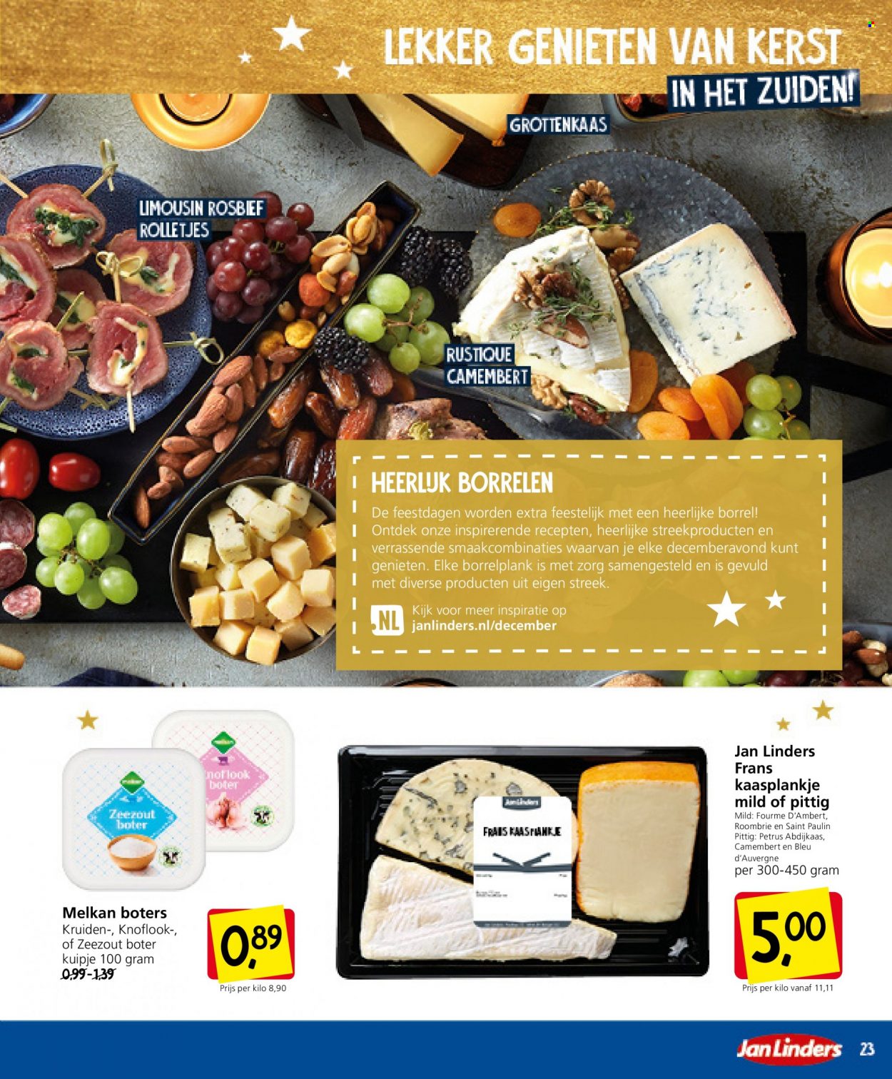 thumbnail - Jan Linders-aanbieding - 13-12-2021 - 19-12-2021 -  producten in de aanbieding - rolletjes, knoflook, rosbief, Bleu d'Auvergne, Camembert, Fourme d'Ambert. Pagina 23.