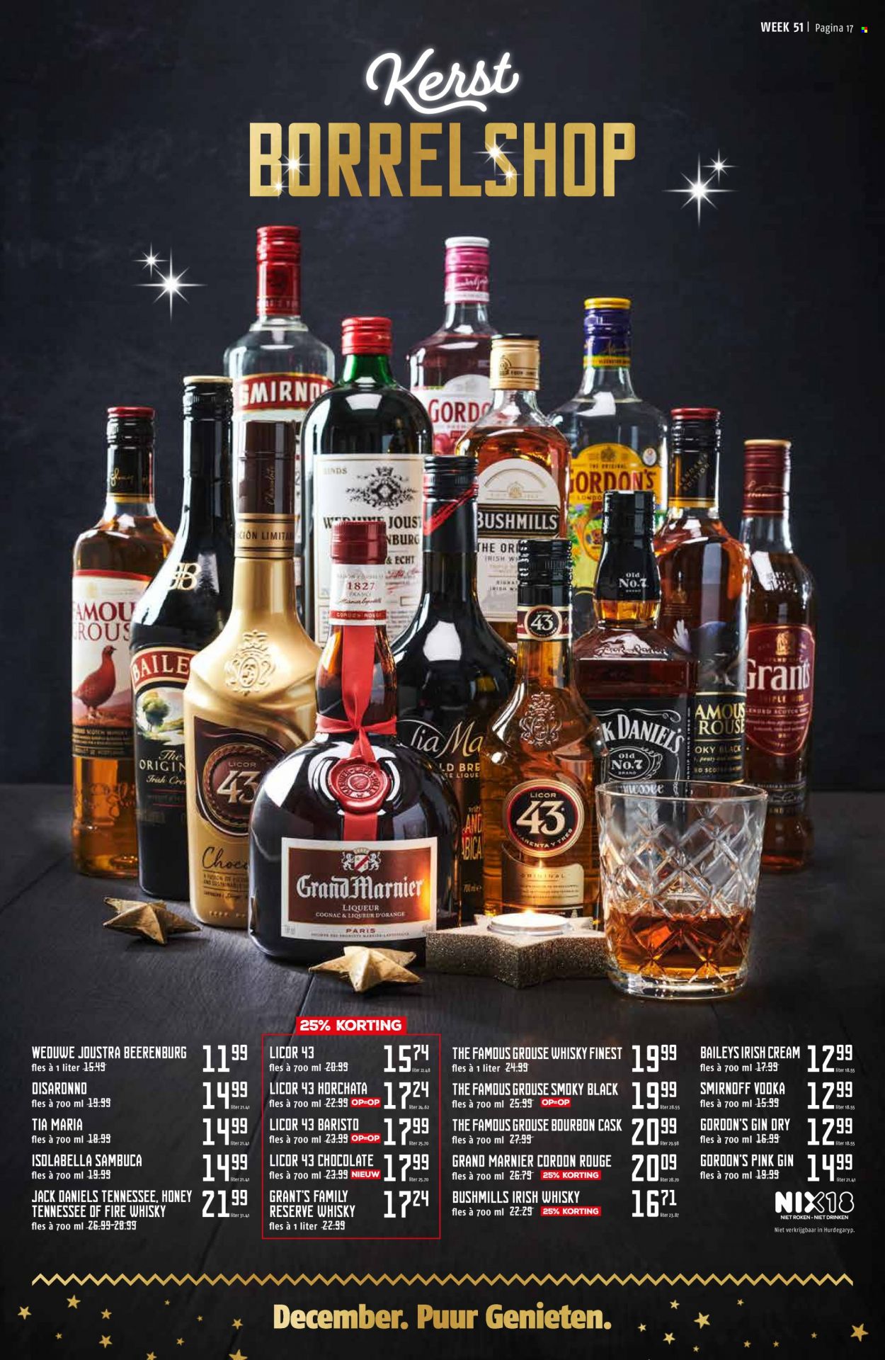 thumbnail - Poiesz-aanbieding - 20-12-2021 - 26-12-2021 -  producten in de aanbieding - Beerenburg, Bourbon, cognac, irish whiskey, liqueur, Smirnoff, Tia Maria, whisky, gin, Gordon’s Gin, Grand Marnier, Grant‘s, Baileys, Sambuca. Pagina 17.