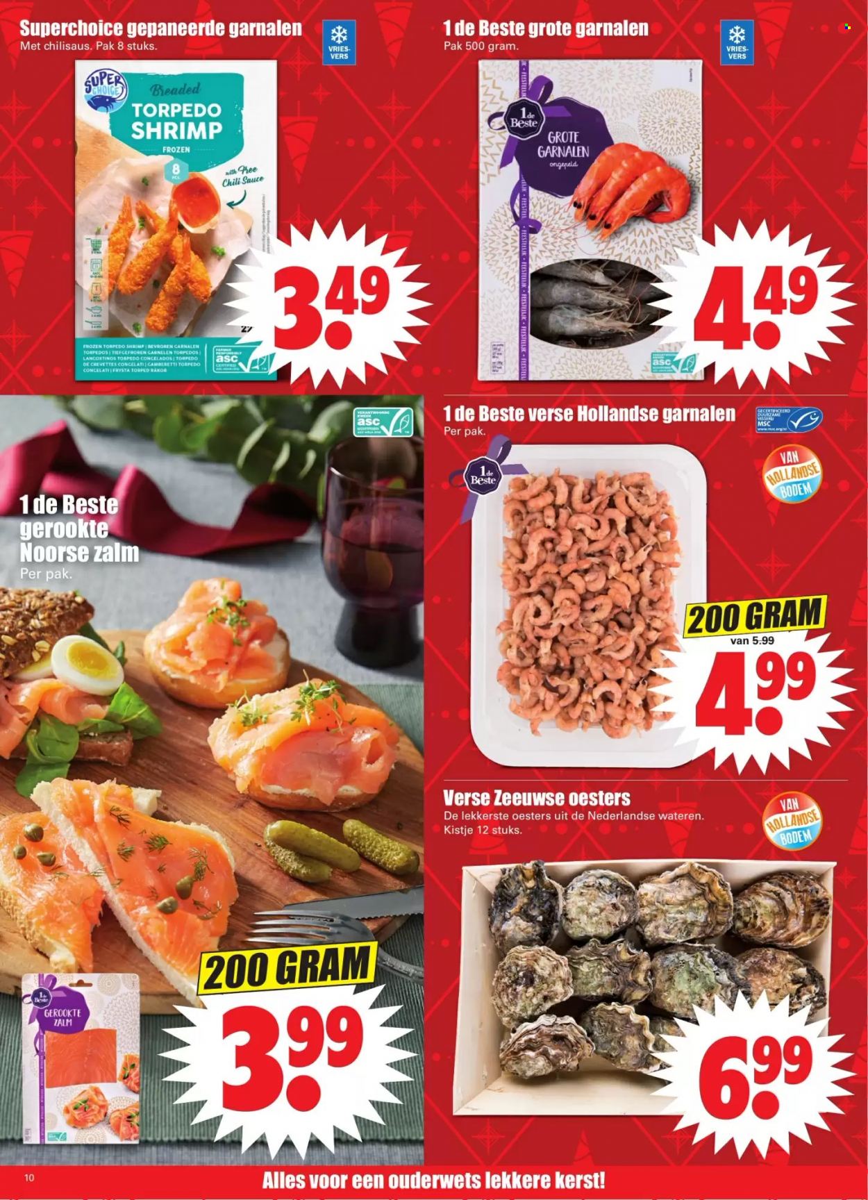thumbnail - Dirk-aanbieding - 19-12-2021 - 25-12-2021 -  producten in de aanbieding - zalm, oesters, garnalen, gerookte zalm, Frozen, chilisaus. Pagina 10.