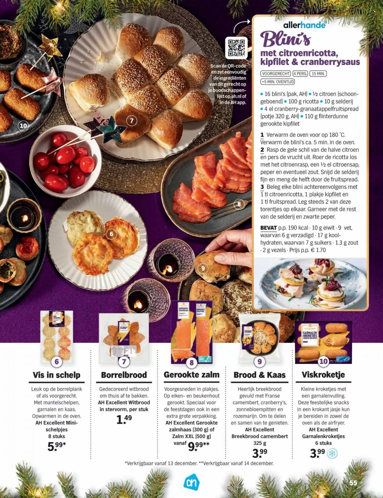 thumbnail - Albert Heijn-aanbieding -  producten in de aanbieding - breekbrood, brood, Blini’s, citroen, kipfilet, gerookte kipfilet, zalm, garnalen, gerookte zalm, Camembert, kaas, ricotta, rozemarijn, zwarte peper, zonnebloempitten, cranberry’s, citroensap. Pagina 55.