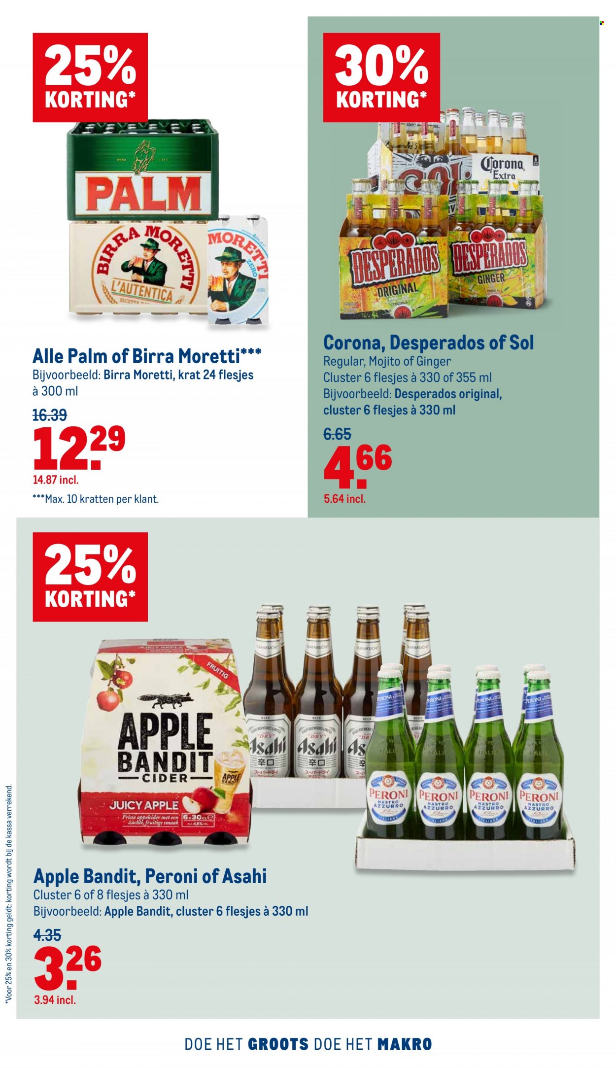 thumbnail - Makro-aanbieding - 26-12-2021 - 4-1-2022 -  producten in de aanbieding - bier, Birra Moretti, Corona Extra, Desperados, appelcider, cider. Pagina 24.