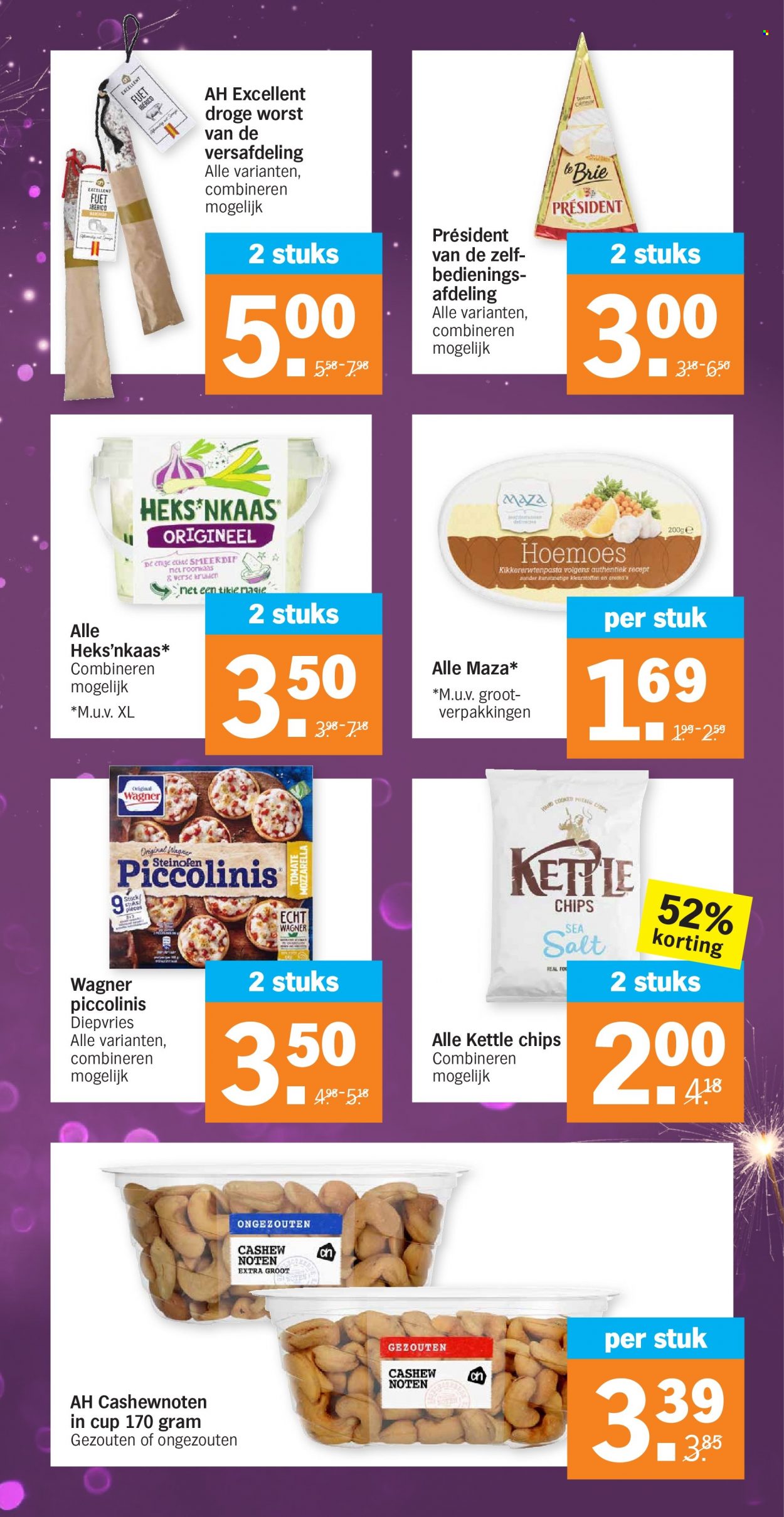 thumbnail - Albert Heijn-aanbieding - 27-12-2021 - 2-1-2022 -  producten in de aanbieding - Heks'nkaas, mozzarella, Brie, chips, cashewnoten. Pagina 15.
