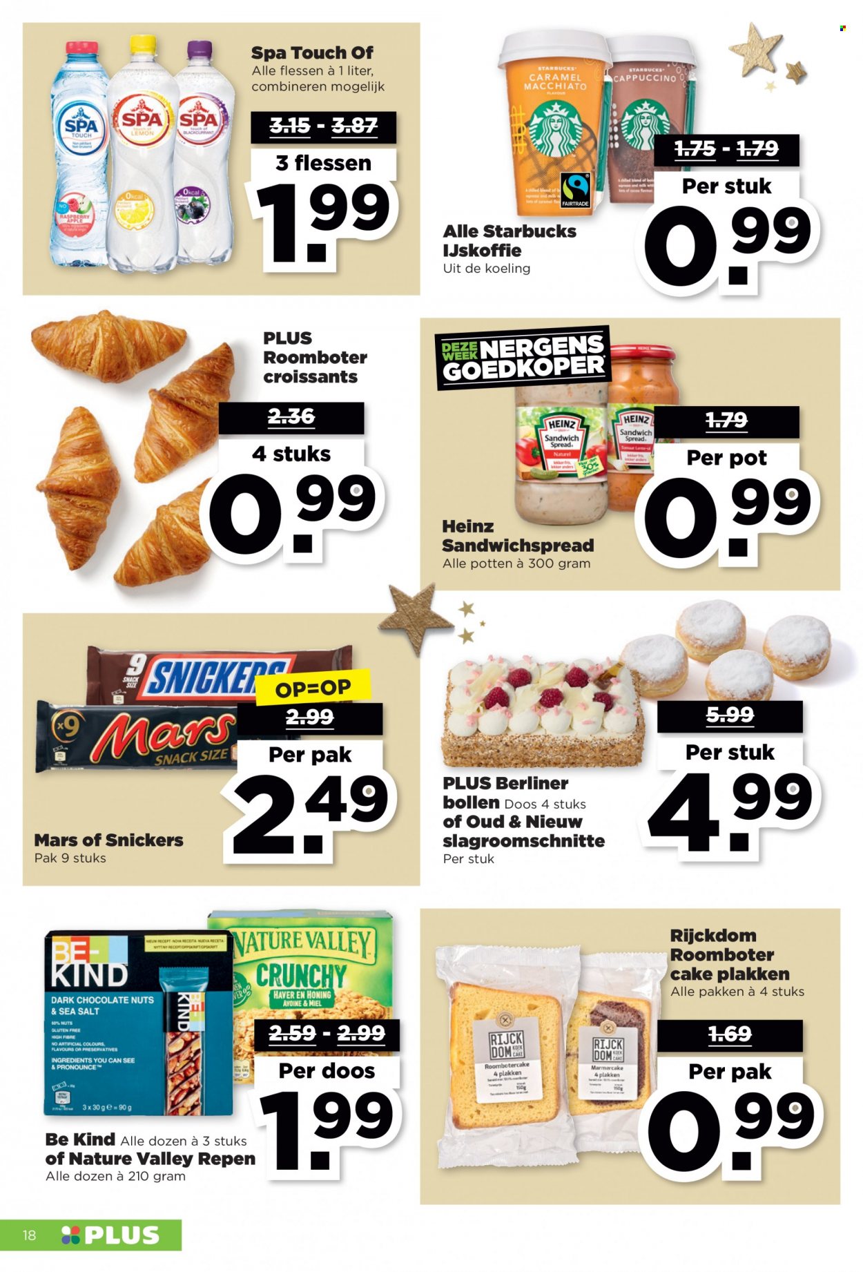 thumbnail - Plus-aanbieding - 26-12-2021 - 1-1-2022 -  producten in de aanbieding - croissant, roomboter, sandwichspread, Snickers, Heinz, ijskoffie. Pagina 18.