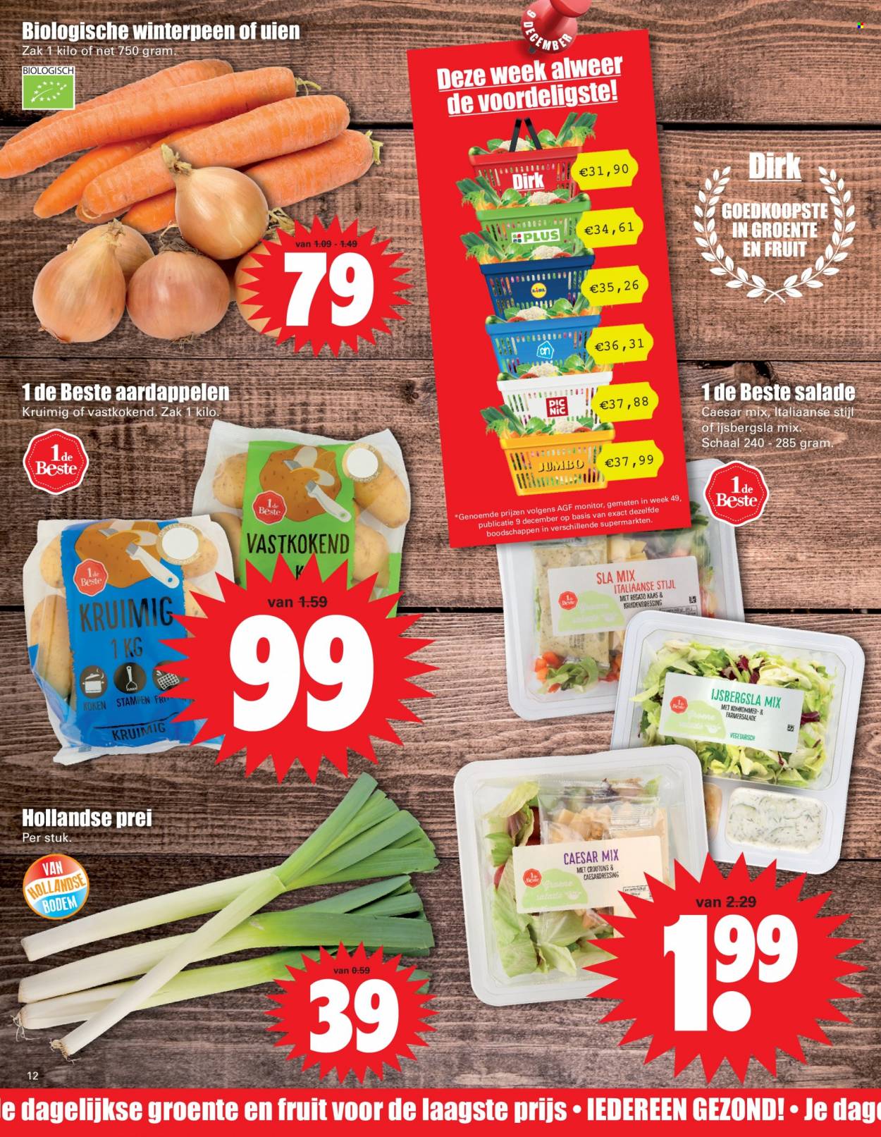thumbnail - Dirk-aanbieding - 26-12-2021 - 1-1-2022 -  producten in de aanbieding - aardappelen, ijsbergsla, prei, sla, uien, winterpeen, kaas. Pagina 12.