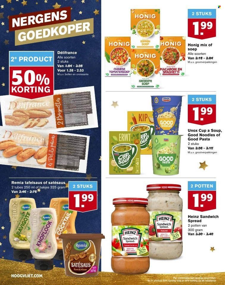 thumbnail - Hoogvliet-aanbieding - 27-12-2021 - 4-1-2022 -  producten in de aanbieding - croissant, cup-a-soup, sandwichspread, Heinz, macaroni, pasta, spaghetti. Pagina 14.