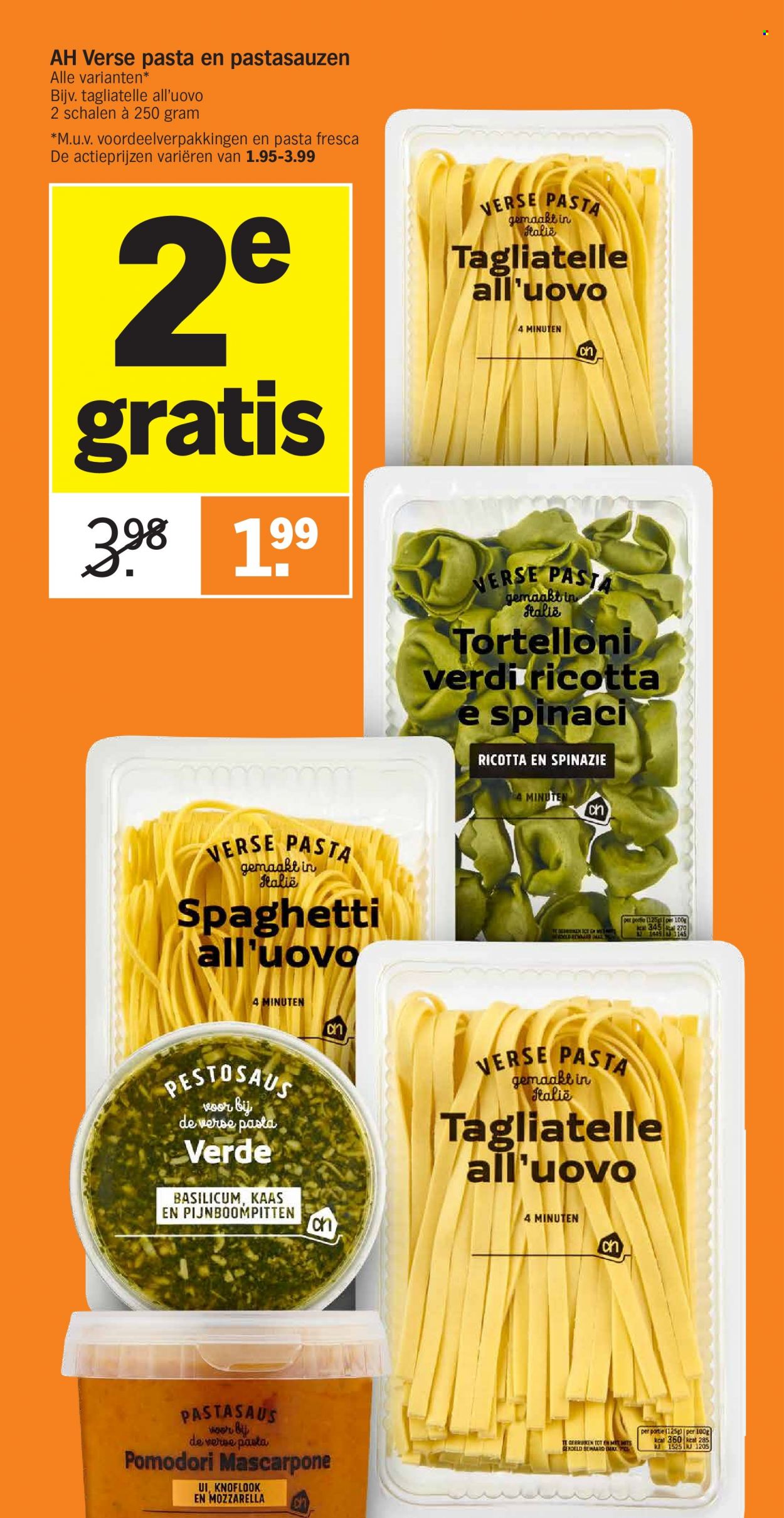 thumbnail - Albert Heijn-aanbieding - 3-1-2022 - 9-1-2022 -  producten in de aanbieding - spinazie, tortelloni, kaas, Mascarpone, mozzarella, ricotta, pasta, spaghetti, tagliatelle. Pagina 2.