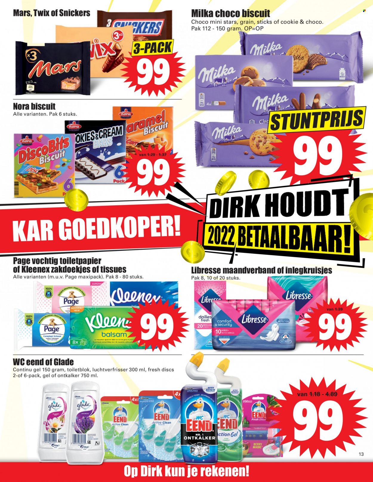 thumbnail - Dirk-aanbieding - 2-1-2022 - 8-1-2022 -  producten in de aanbieding - Milka, Snickers, Kleenex, maandverband, inlegkruisjes, Libresse. Pagina 13.