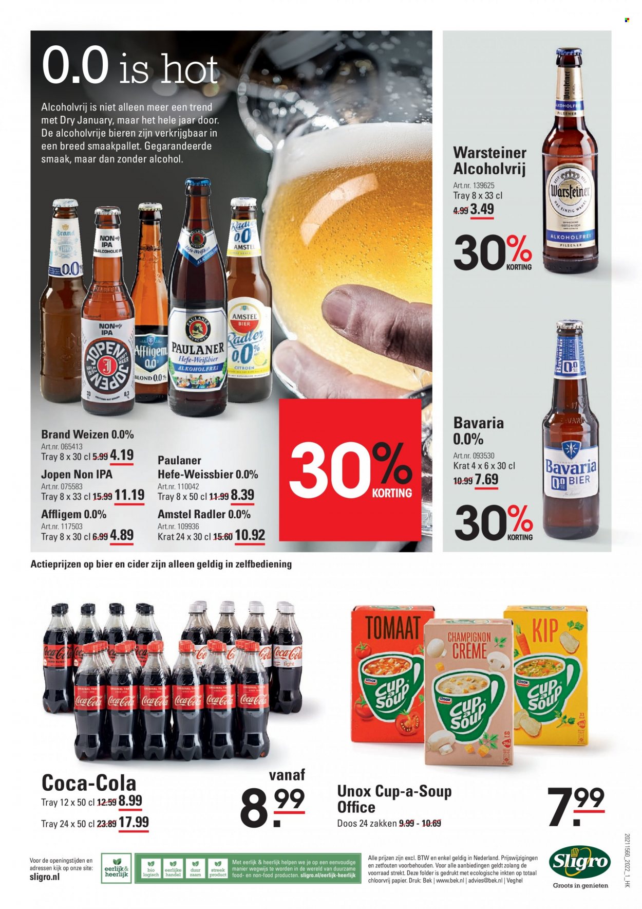 thumbnail - Sligro-aanbieding - 6-1-2022 - 24-1-2022 -  producten in de aanbieding - Affligem, Warsteiner, Amstel Bier, Bavaria, bier, cup-a-soup, Coca-Cola, cider. Pagina 16.