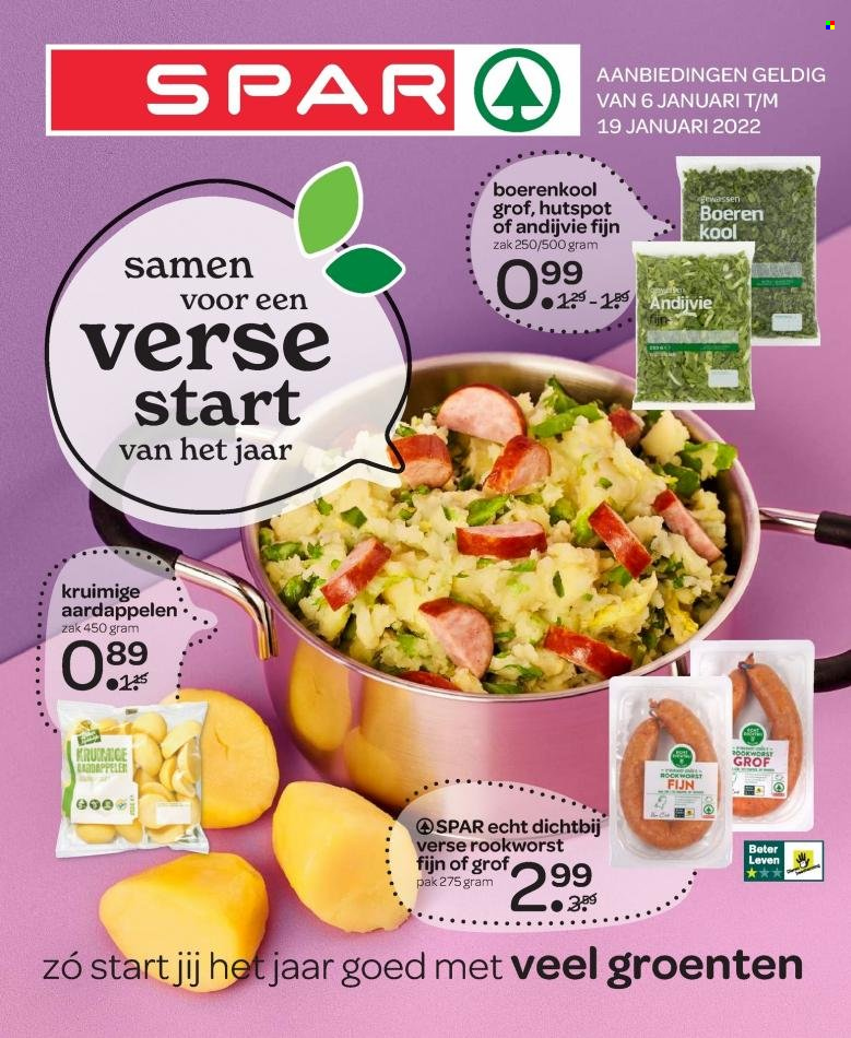 thumbnail - SPAR-aanbieding - 6-1-2022 - 19-1-2022 -  producten in de aanbieding - aardappelen, boerenkool, andijvie, rookworst. Pagina 1.