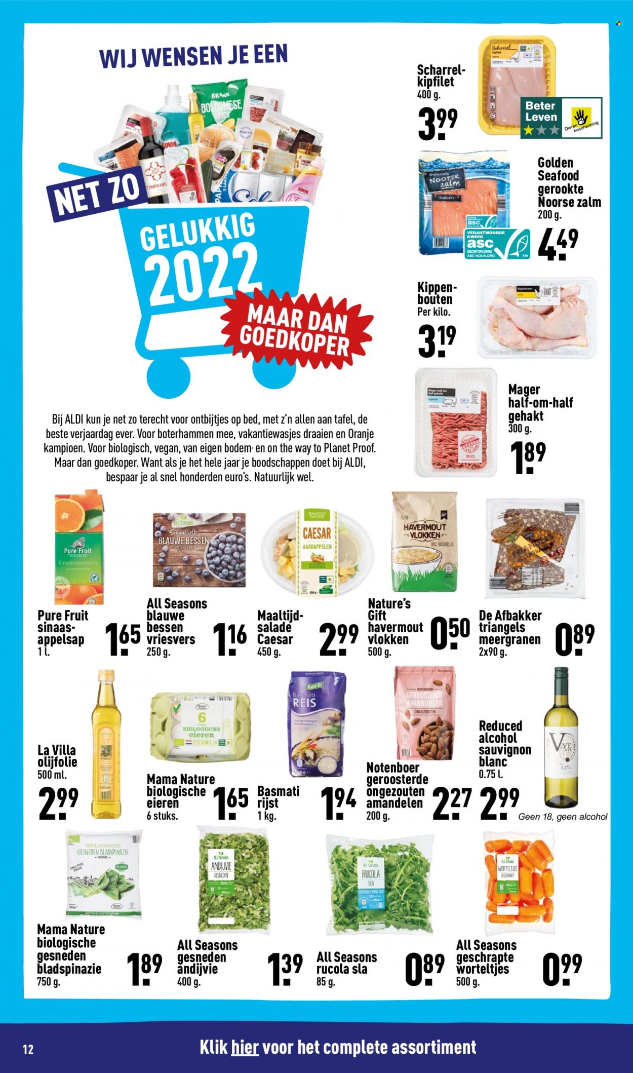 thumbnail - Aldi-aanbieding - 10-1-2022 - 16-1-2022 -  producten in de aanbieding - rucola, sla, andijvie, bessen, oranje, zalm, boterhammen, havermout, basmatirijst, rijst, olijfolie, amandelen, sinaasappelsap, Sauvignon Blanc. Pagina 12.