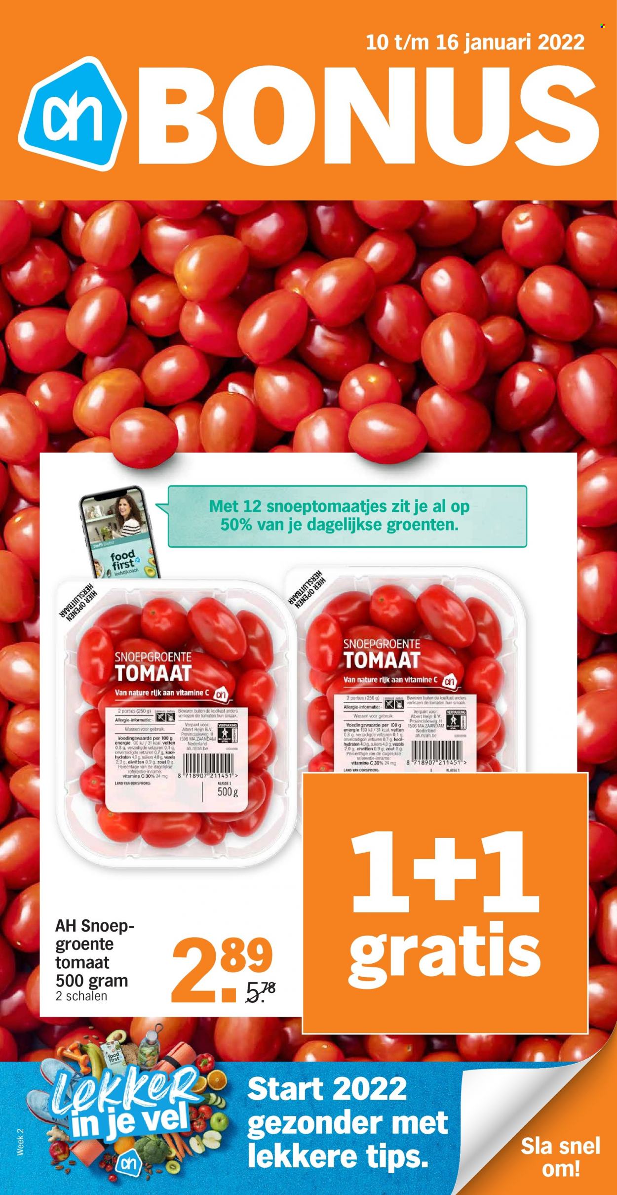 Albert Heijn-aanbieding - 10.1.2022 - 16.1.2022 -  producten in de aanbieding - sla, tomaat, vitamine, koelkast. Pagina 1.