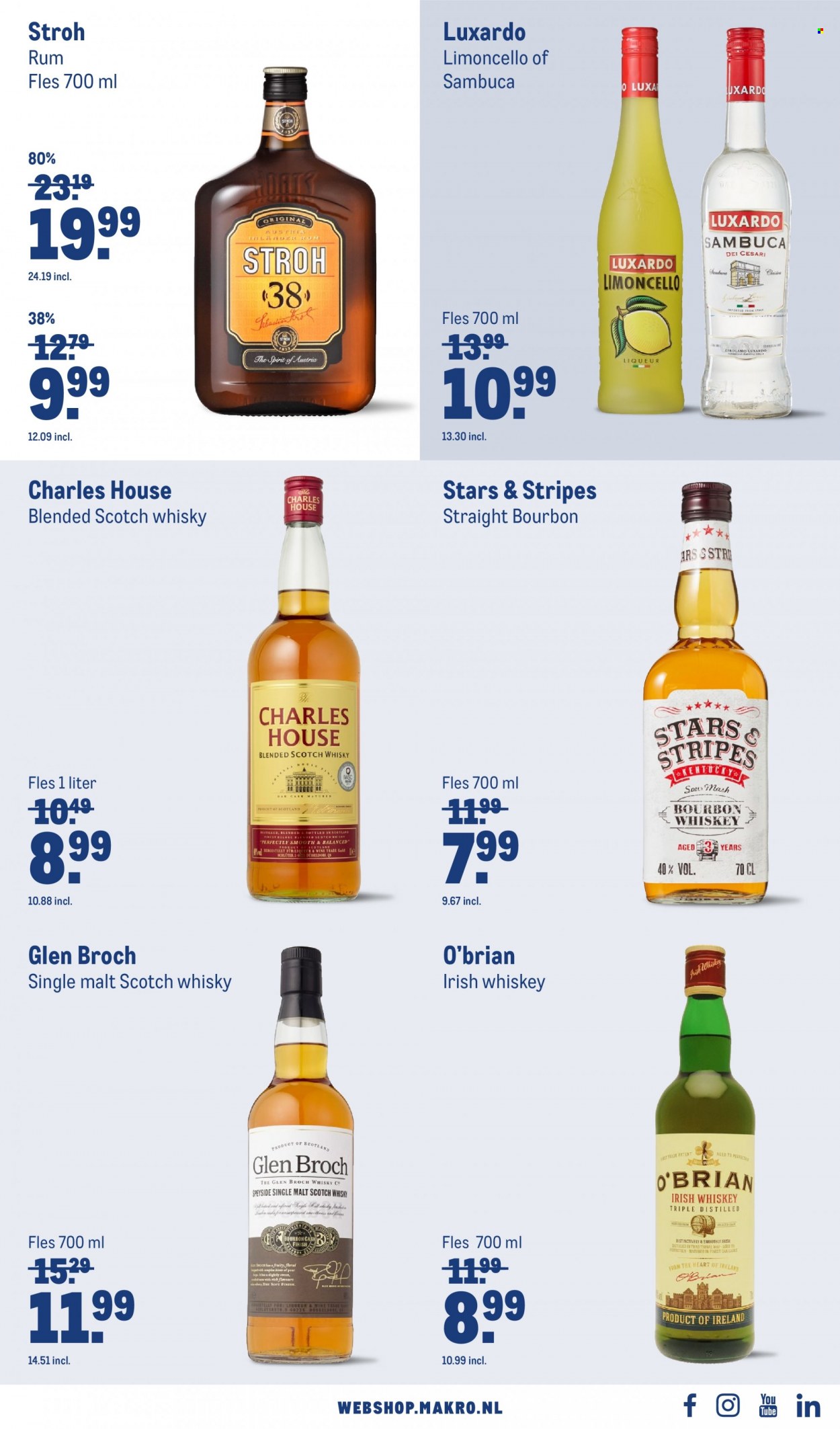 thumbnail - Makro-aanbieding - 5-1-2022 - 1-2-2022 -  producten in de aanbieding - blended scotch whisky, Bourbon, rum, irish whiskey, Limoncello, liqueur, scotch whisky, Single Malt, whiskey, whisky, Sambuca, Stroh. Pagina 33.