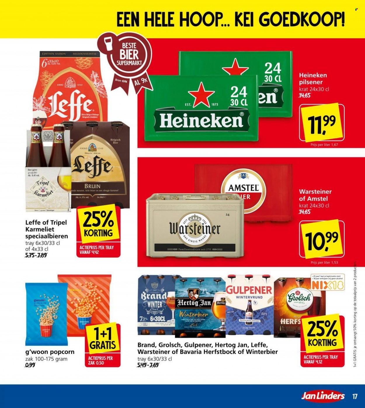 thumbnail - Jan Linders-aanbieding - 10-1-2022 - 16-1-2022 -  producten in de aanbieding - Herfstbock, Leffe, Warsteiner, pilsener, Amstel Bier, Heineken, Hertog Jan, Grolsch, bier, popcorn. Pagina 17.