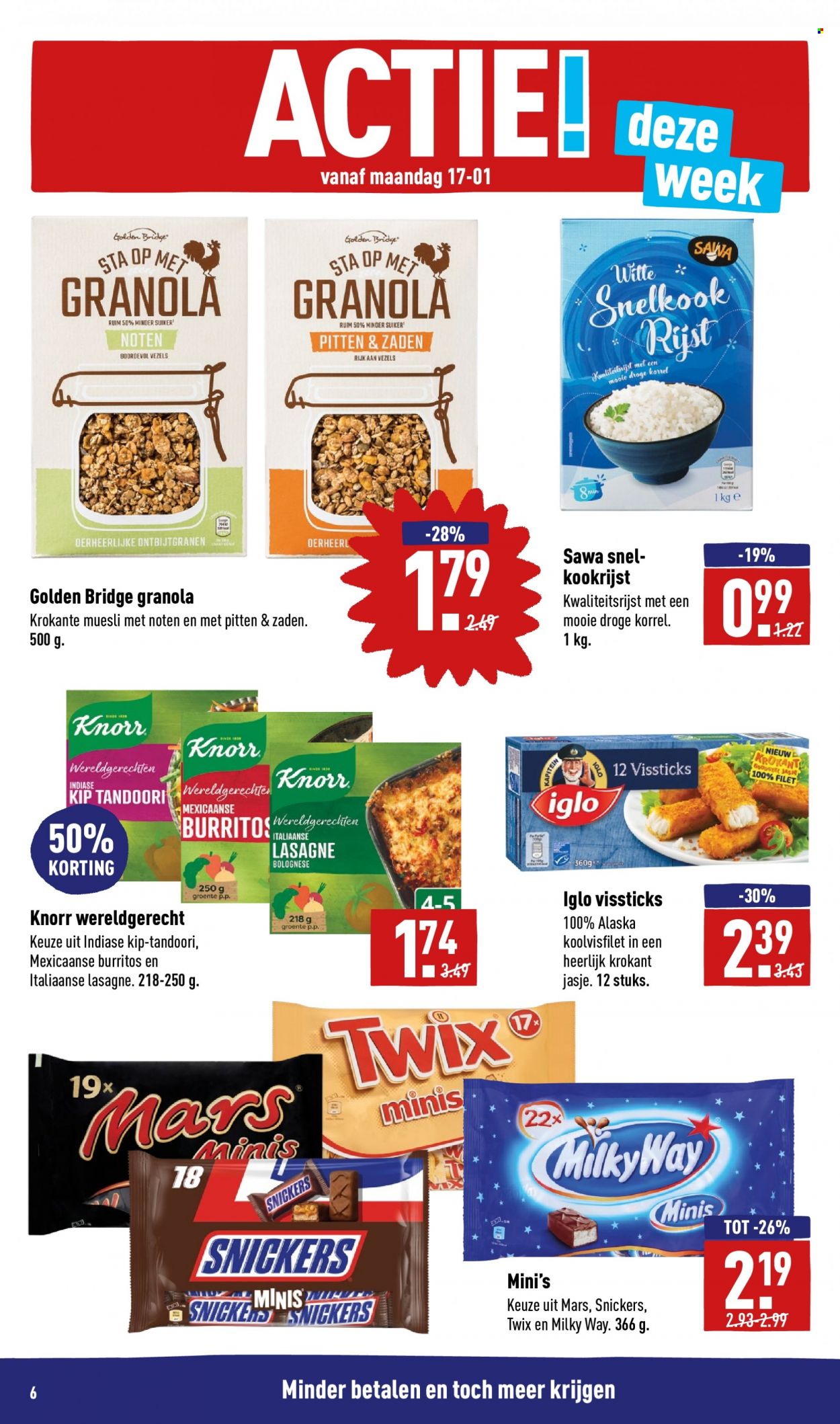 thumbnail - Aldi-aanbieding - 17-1-2022 - 23-1-2022 -  producten in de aanbieding - Knorr, lasagne, Iglo, Milkyway, Snickers, suiker, granola, rijst. Pagina 6.