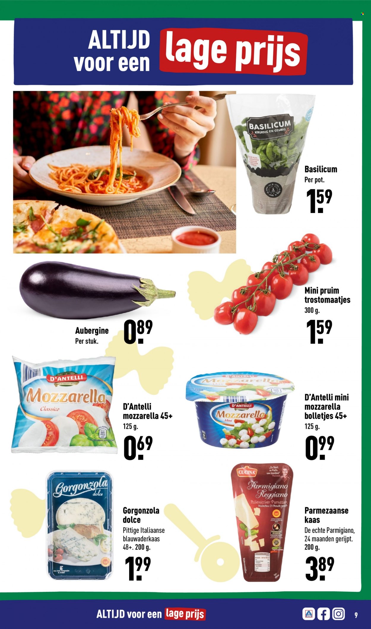 thumbnail - Aldi-aanbieding - 17-1-2022 - 23-1-2022 -  producten in de aanbieding - aubergine, kaas, mozzarella, parmezaanse kaas, Gorgonzola, basilicum. Pagina 9.