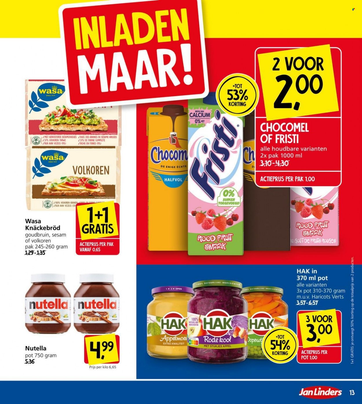 thumbnail - Jan Linders-aanbieding - 17-1-2022 - 23-1-2022 -  producten in de aanbieding - knäckebröd, Wasa, Nutella, suiker, Calcium. Pagina 13.