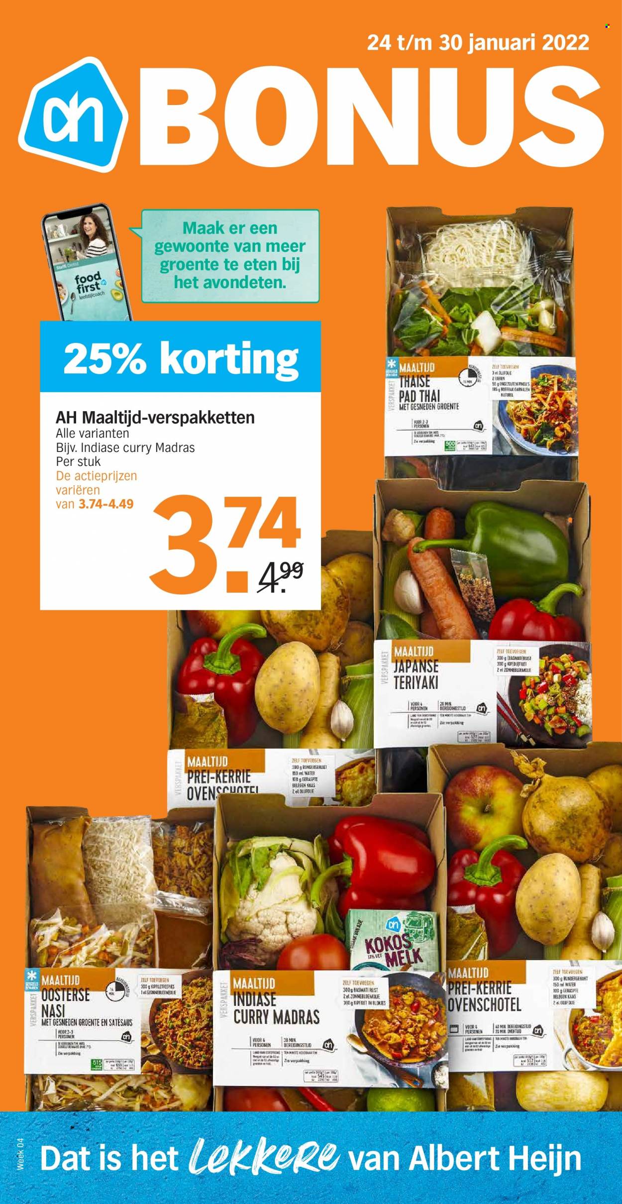 thumbnail - Albert Heijn-aanbieding - 24-1-2022 - 30-1-2022 -  producten in de aanbieding - prei, kipfilet, garnalen, ovenschotel, belegen kaas, kaas, melk, kerrie, basmatirijst, teriyaki, zonnebloemolie. Pagina 1.
