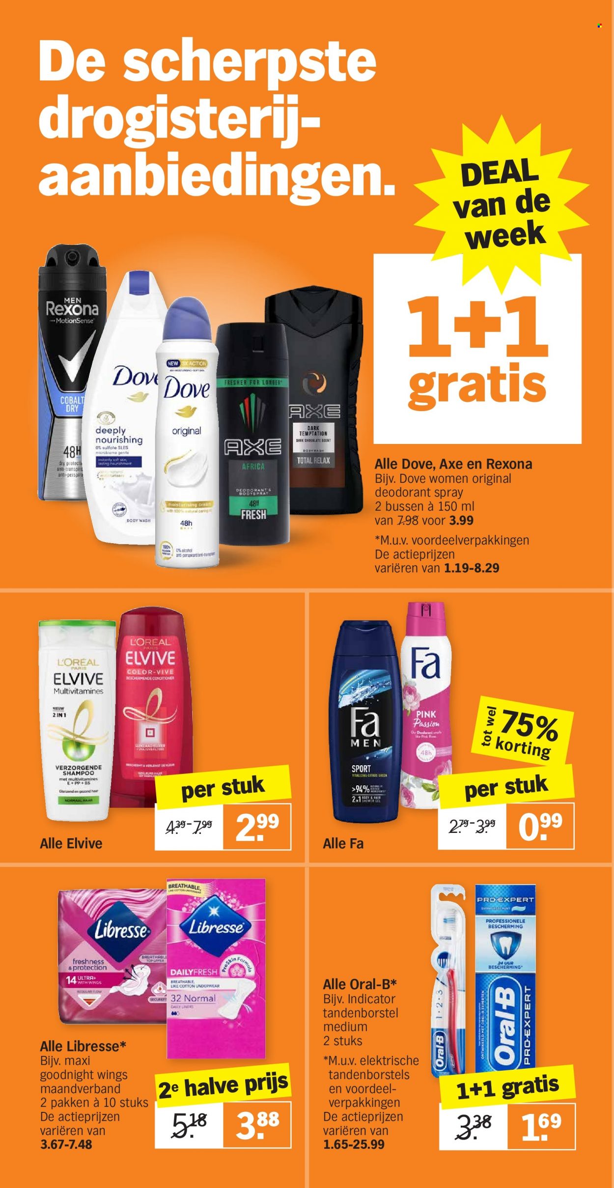 thumbnail - Albert Heijn-aanbieding - 24-1-2022 - 30-1-2022 -  producten in de aanbieding - maandverband, Dove, L’oréal, shampoo, shower, Fa, Oral-B, tandenborstel, Libresse, Elvive, deodorant, Rexona. Pagina 24.