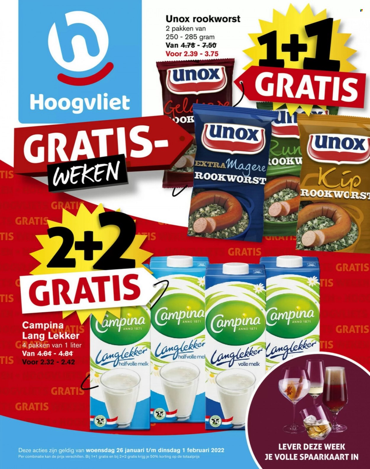 thumbnail - Hoogvliet-aanbieding - 26-1-2022 - 1-2-2022 -  producten in de aanbieding - rookworst, Campina, melk, volle melk. Pagina 1.