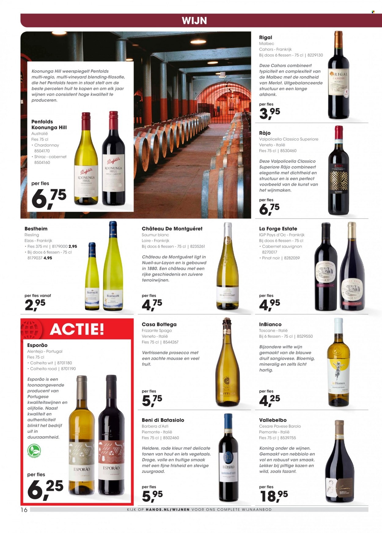 thumbnail - Hanos-aanbieding - 24-1-2022 - 6-2-2022 -  producten in de aanbieding - olijfolie, Barbera D'asti, Barolo, Cabernet Sauvignon, Chardonnay, Merlot, prosecco, riesling, Pinot Noir, Valpolicella, witte wijn, wijn. Pagina 16.
