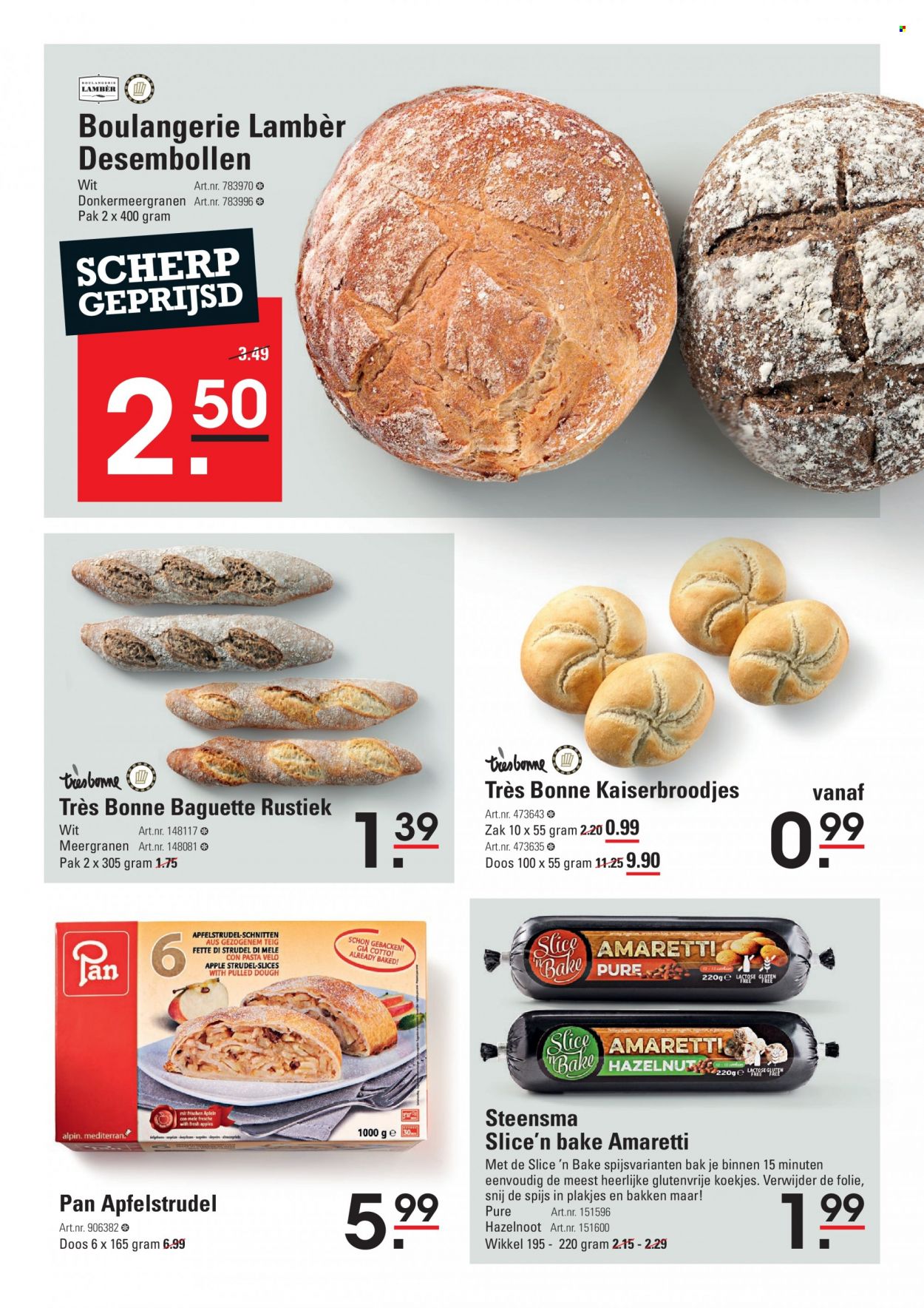 thumbnail - Sligro-aanbieding - 27-1-2022 - 14-2-2022 -  producten in de aanbieding - baguette, kaiserbroodjes, appelstrudel, dough, koekjes, Amaretti, pasta, pan. Pagina 11.
