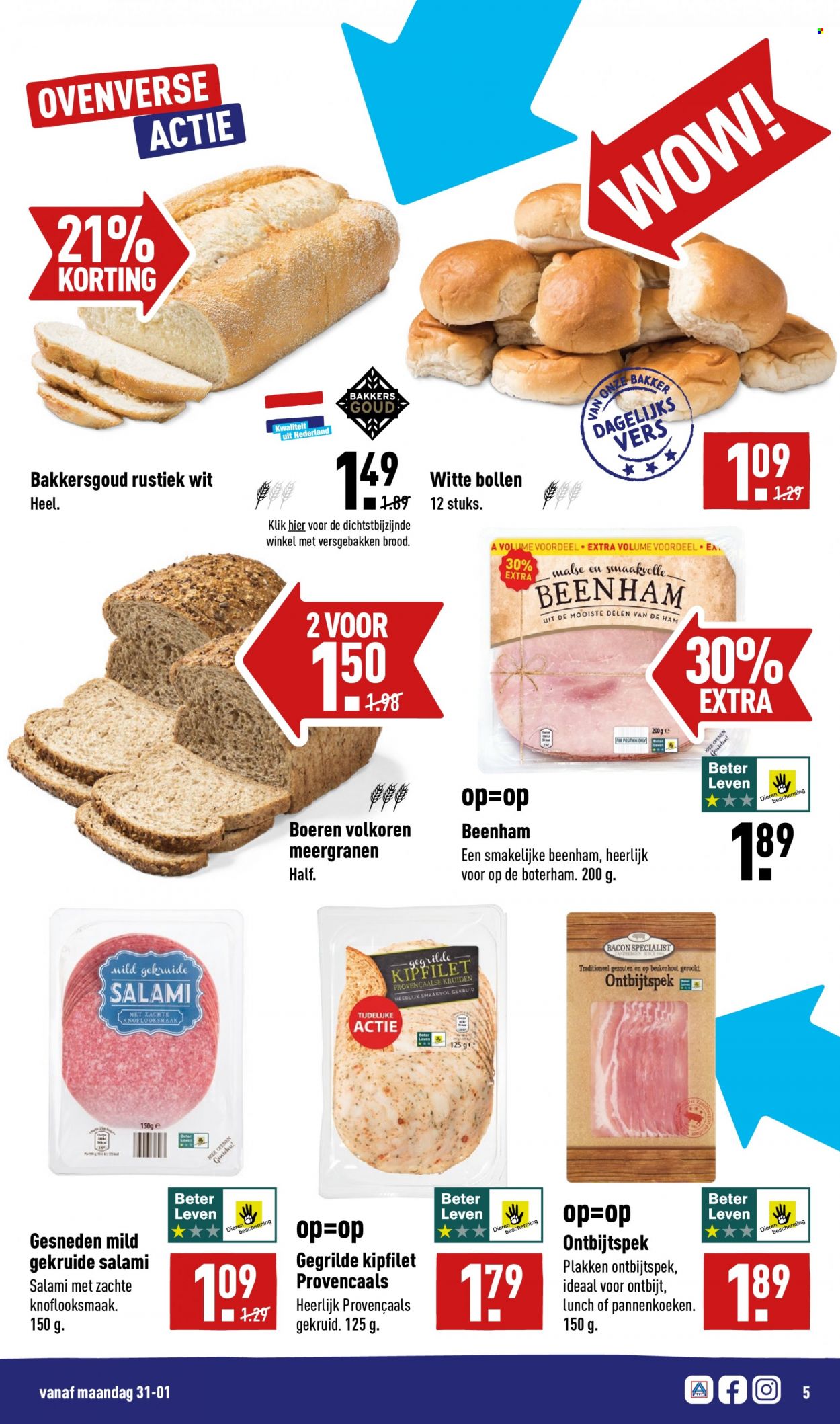 thumbnail - Aldi-aanbieding - 31-1-2022 - 6-2-2022 -  producten in de aanbieding - brood, kipfilet, bacon, beenham, ham, salami, ontbijtspek. Pagina 5.