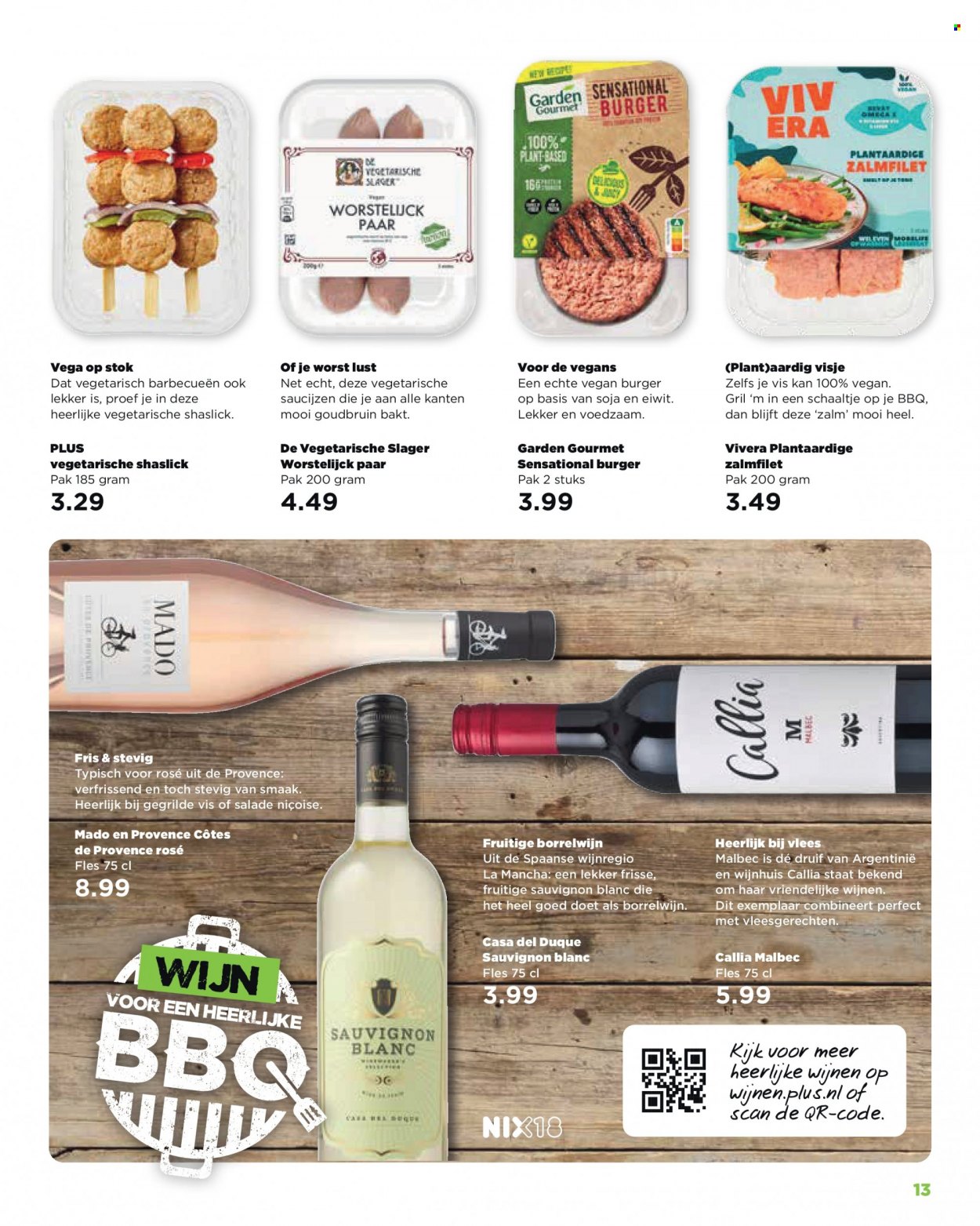 thumbnail - Plus-aanbieding -  producten in de aanbieding - saucijzen, zalmfilet, BBQ, Sauvignon Blanc, Côtes de Provence, wijn. Pagina 13.