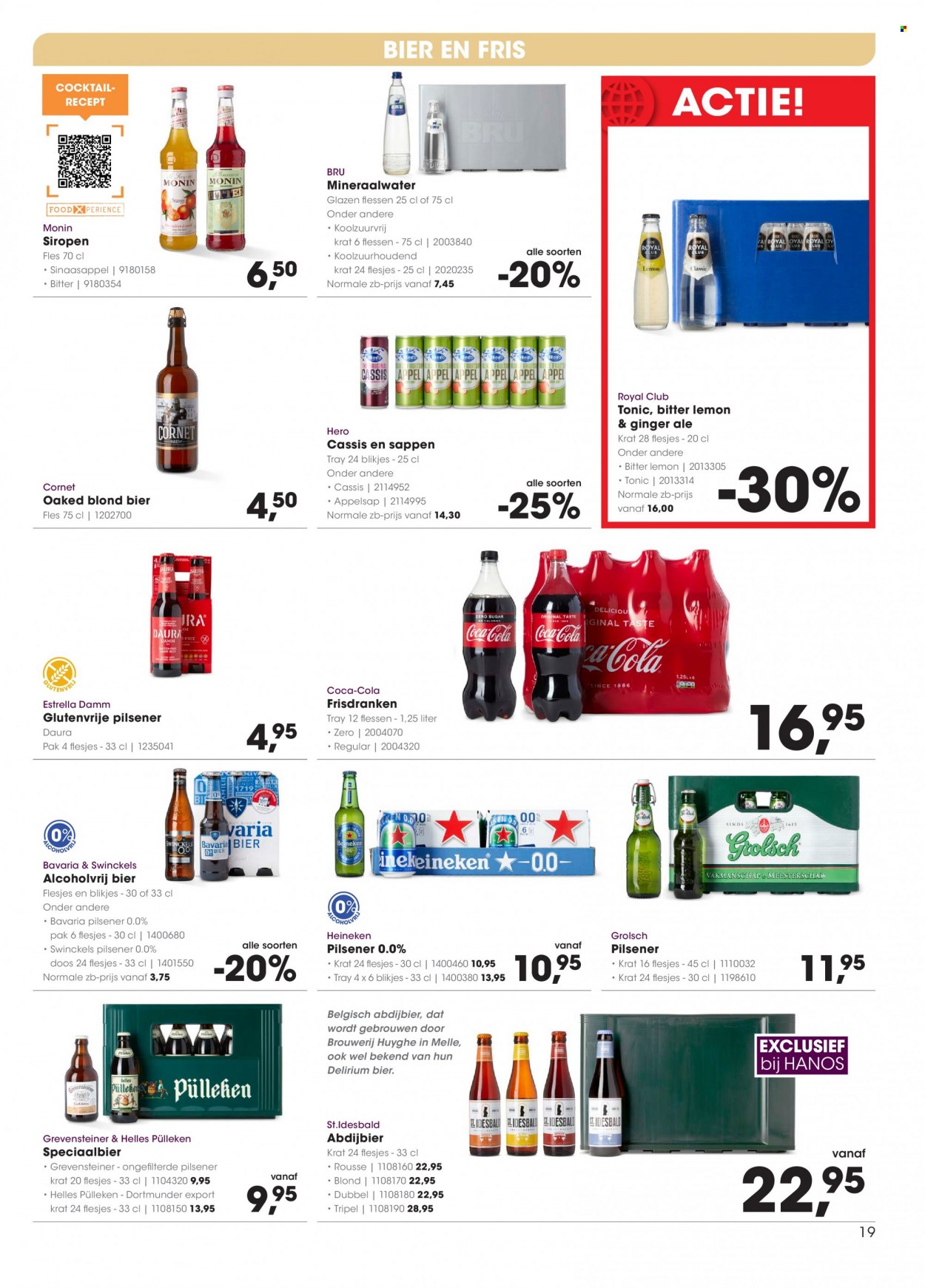 thumbnail - Hanos-aanbieding - 16-5-2022 - 29-5-2022 -  producten in de aanbieding - pilsener, ginger ale, Heineken, Grolsch, Bavaria, bier, sinaasappels, appelsap, Coca-Cola, mineraalwater, glazen. Pagina 19.