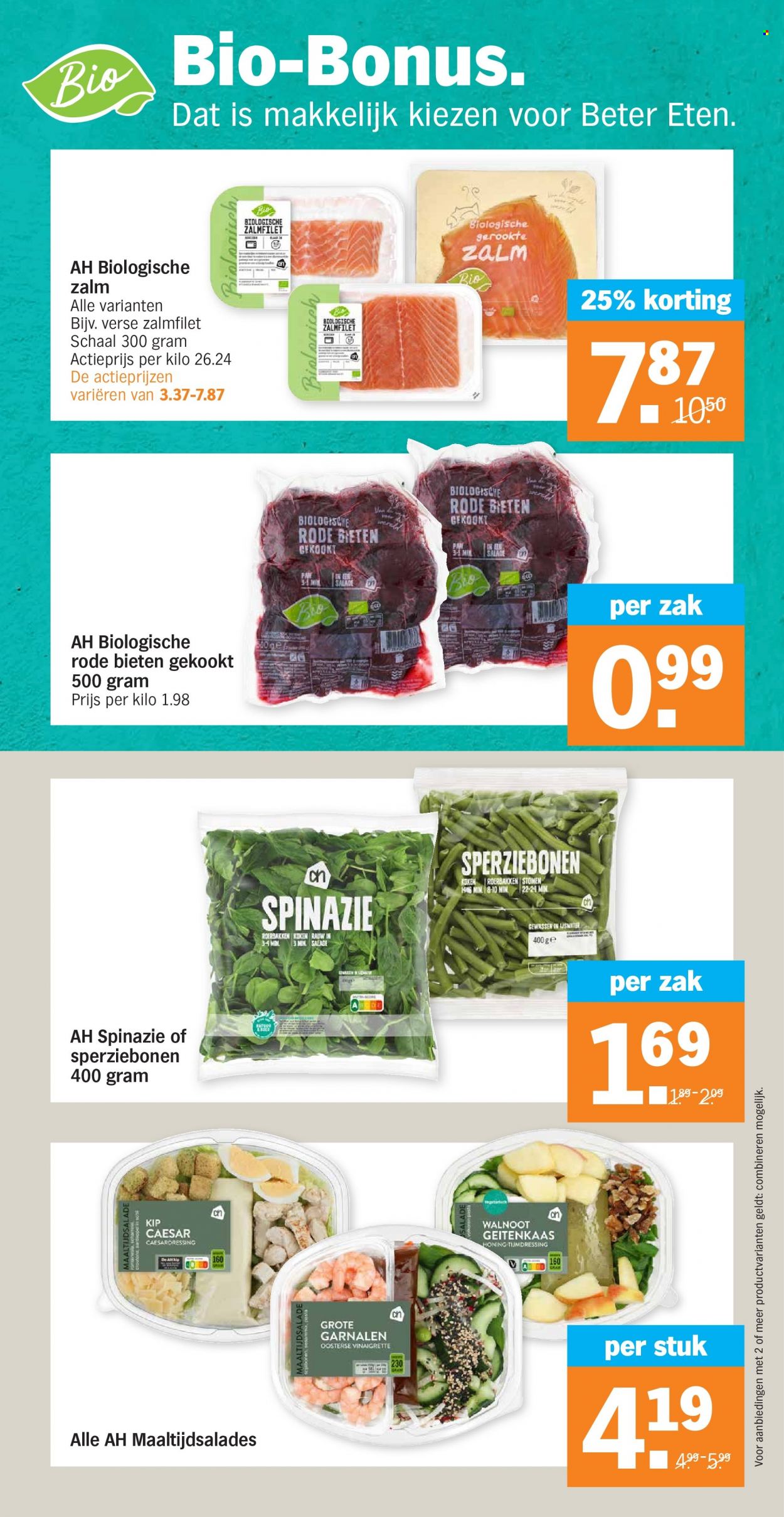 thumbnail - Albert Heijn-aanbieding - 23-5-2022 - 29-5-2022 -  producten in de aanbieding - spinazie, zalm, zalmfilet, garnalen, gerookte zalm, vinaigrette, sperziebonen. Pagina 15.