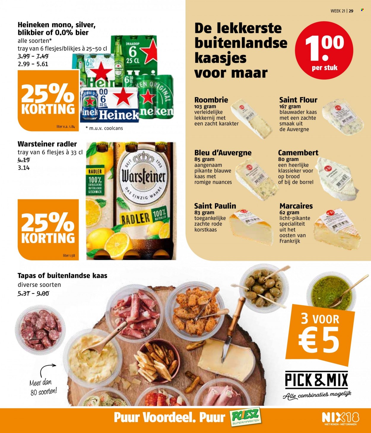 thumbnail - Poiesz-aanbieding - 23-5-2022 - 29-5-2022 -  producten in de aanbieding - Warsteiner, Heineken, bier, brood, tapas, Bleu d'Auvergne, Camembert, kaas. Pagina 29.