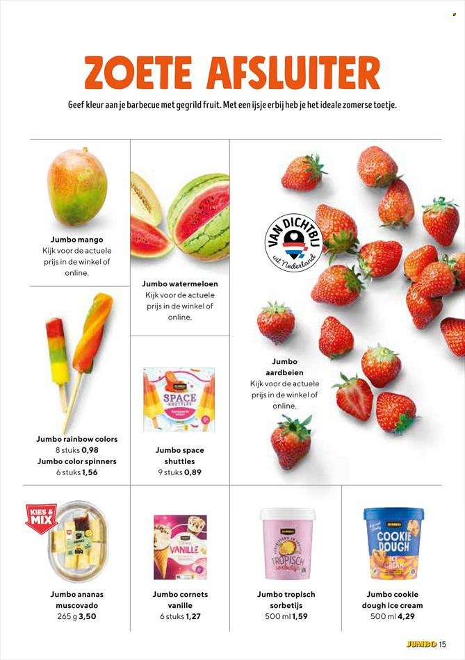 thumbnail - Jumbo-aanbieding -  producten in de aanbieding - watermeloen, aardbeien, mango, ananas, BBQ. Pagina 15.