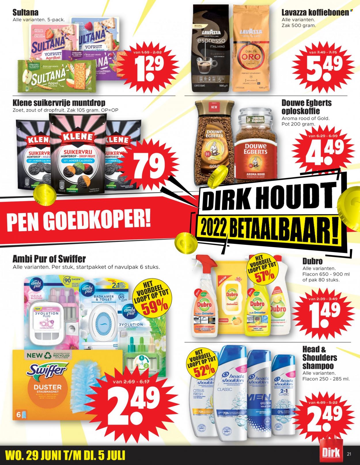 thumbnail - Dirk-aanbieding - 29-6-2022 - 5-7-2022 -  producten in de aanbieding - citroen, Douwe Egberts, Lavazza, oploskoffie, Espresso, Head & Shoulders, shampoo. Pagina 23.