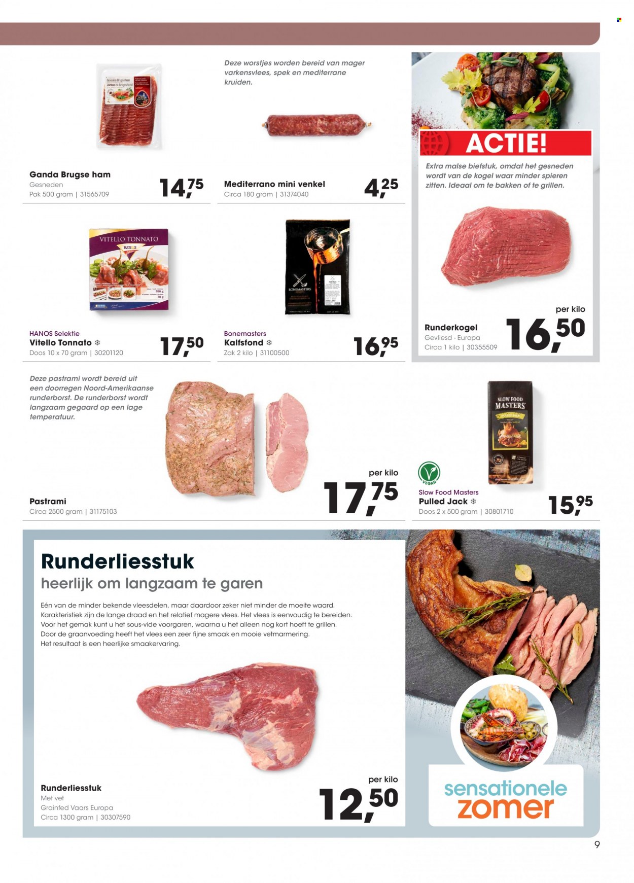 thumbnail - Hanos-aanbieding - 27-6-2022 - 10-7-2022 -  producten in de aanbieding - steak, varkensvlees, biefstuk, ham, pastrami, worstjes. Pagina 9.