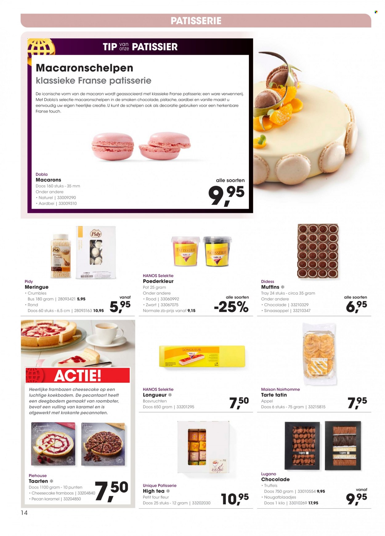 thumbnail - Hanos-aanbieding - 27-6-2022 - 10-7-2022 -  producten in de aanbieding - macarons, meringue, muffins, sinaasappels, frambozen, roomboter, chocolade, pecannoten, thee. Pagina 14.