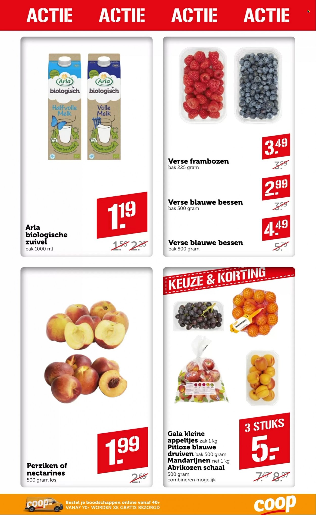thumbnail - Coop-aanbieding - 4-7-2022 - 10-7-2022 -  producten in de aanbieding - bessen, druiven, frambozen, abrikozen, bosbessen, Arla, melk, volle melk. Pagina 12.