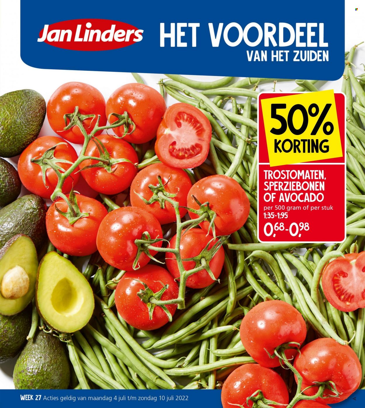 thumbnail - Jan Linders-aanbieding - 4-7-2022 - 10-7-2022 -  producten in de aanbieding - tomaten, trostomaat, avocado, sperziebonen. Pagina 1.