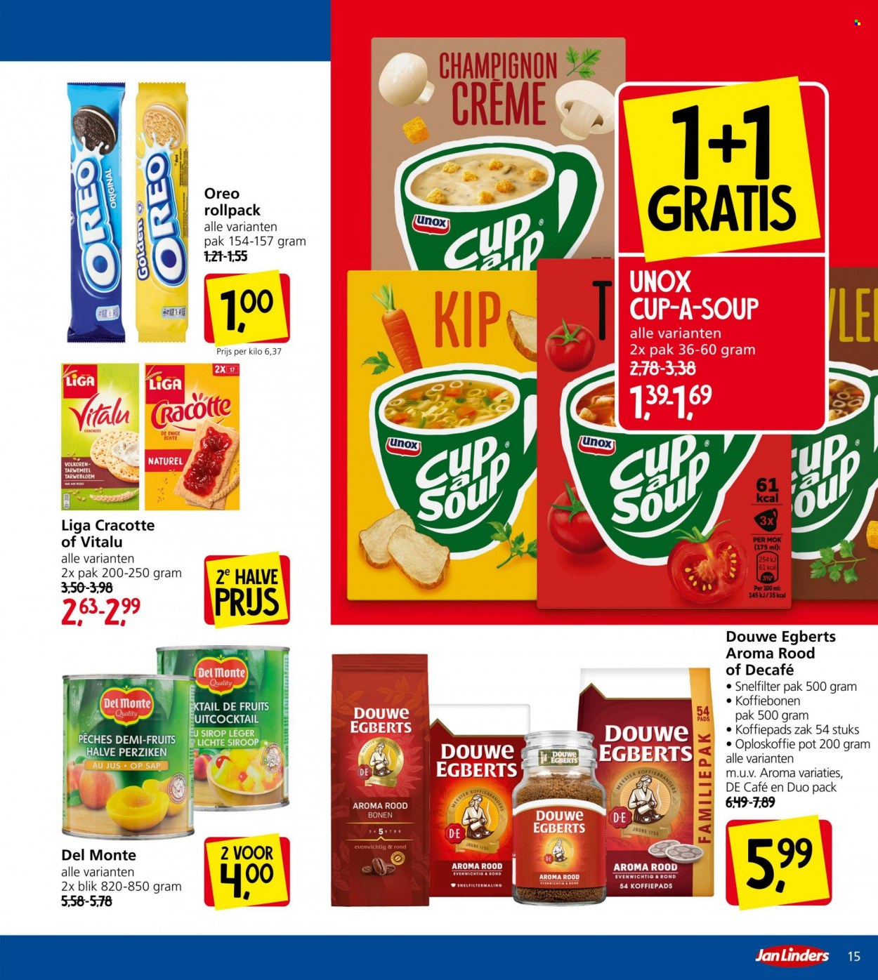 thumbnail - Jan Linders-aanbieding - 4-7-2022 - 10-7-2022 -  producten in de aanbieding - Del Monte, cup-a-soup, Oreo, crackers, Douwe Egberts, oploskoffie, brandy. Pagina 15.